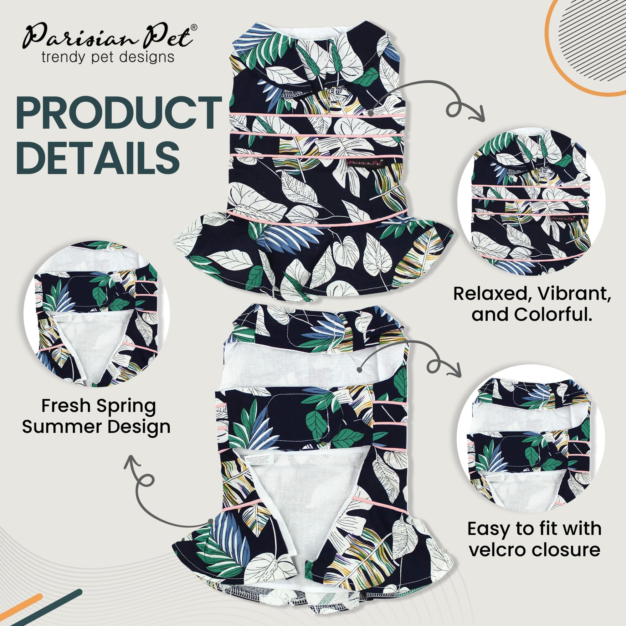Parisian Pet Palm Leaves Summer Dress - Magic Strap Closure Dog Beach Outfit - Lightweight And Breathable For Medium Dogs Girl