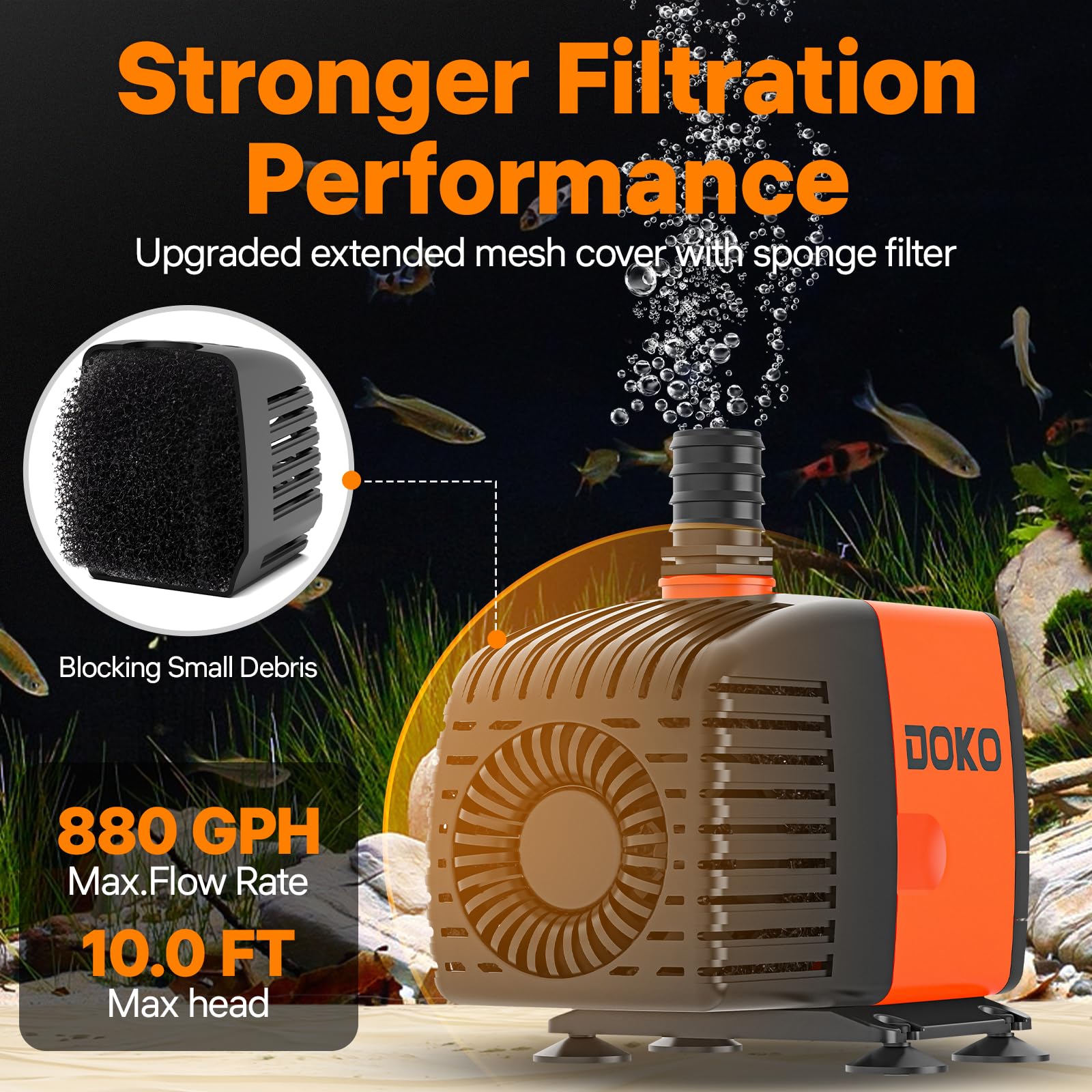 Doko Submersible Water Pump,880GPH Aquarium Water Pump with Extended Mesh Cover and Sponge,Ultra Quiet Pond Pump with 6Ft Power