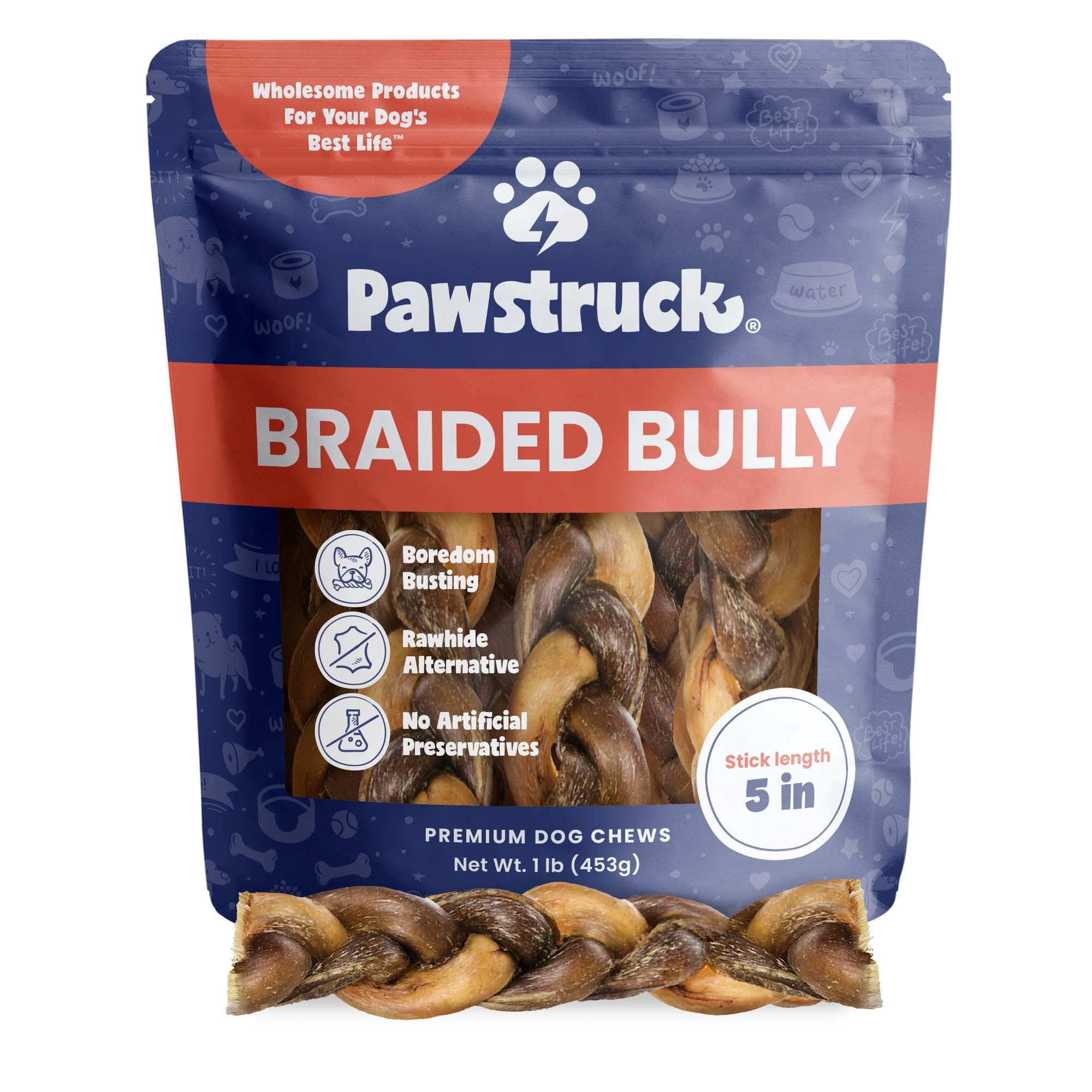 Pawstruck 100% Natural 5-in Braided Bully Sticks 1 lb Bag - Long Lasting Rawhide Free Single Ingredient Dog Chews for Aggressive