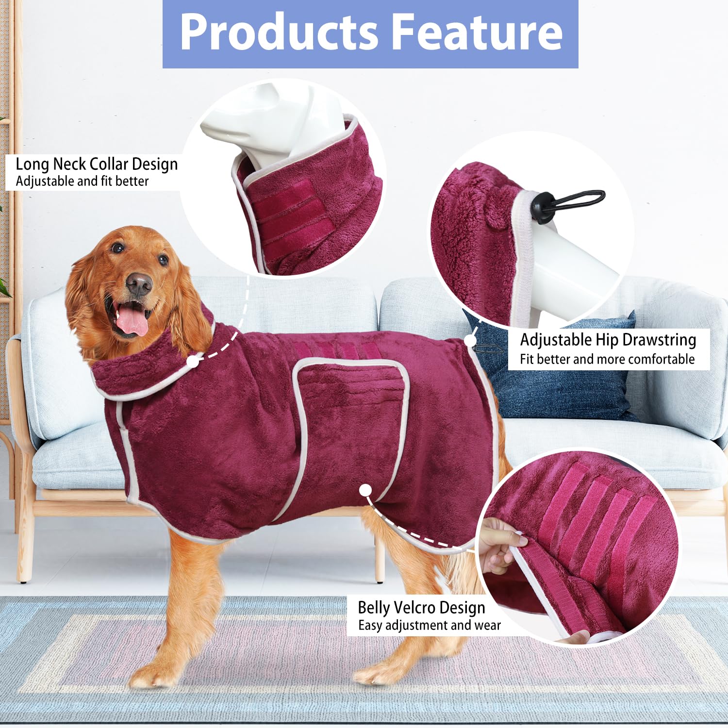 Dog Bathrobe Drying Coat - Super Absorbent Bath Robe For Large Dogs, Soft Adjustable Collar & Belly Strap Fast Drying Pet Towel