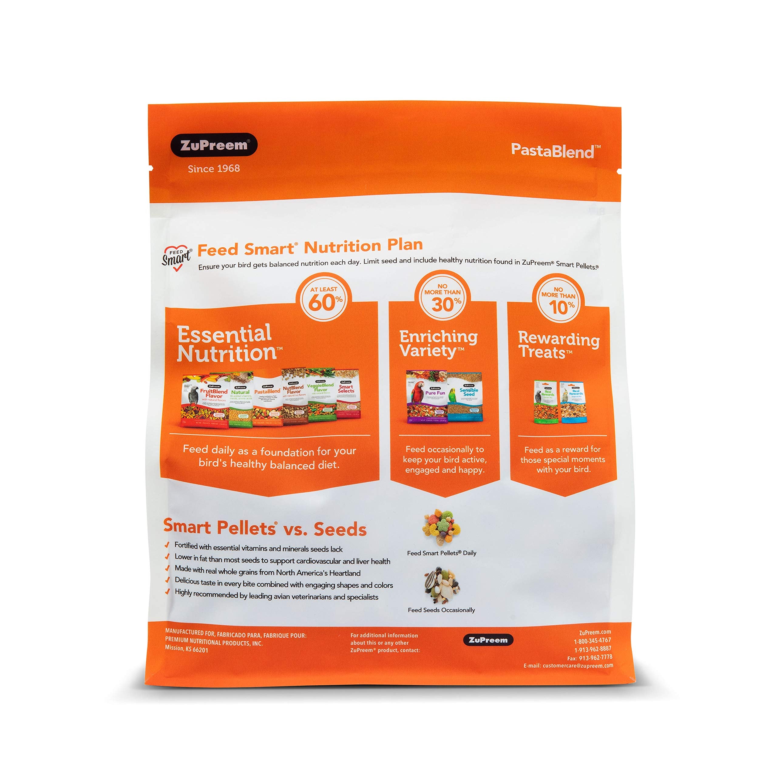 ZuPreem PastaBlend Smart Pellets Bird Food for Parrots and Conures, 3 lb Bag - Made in The USA, Daily Nutrition, Essential Vitam