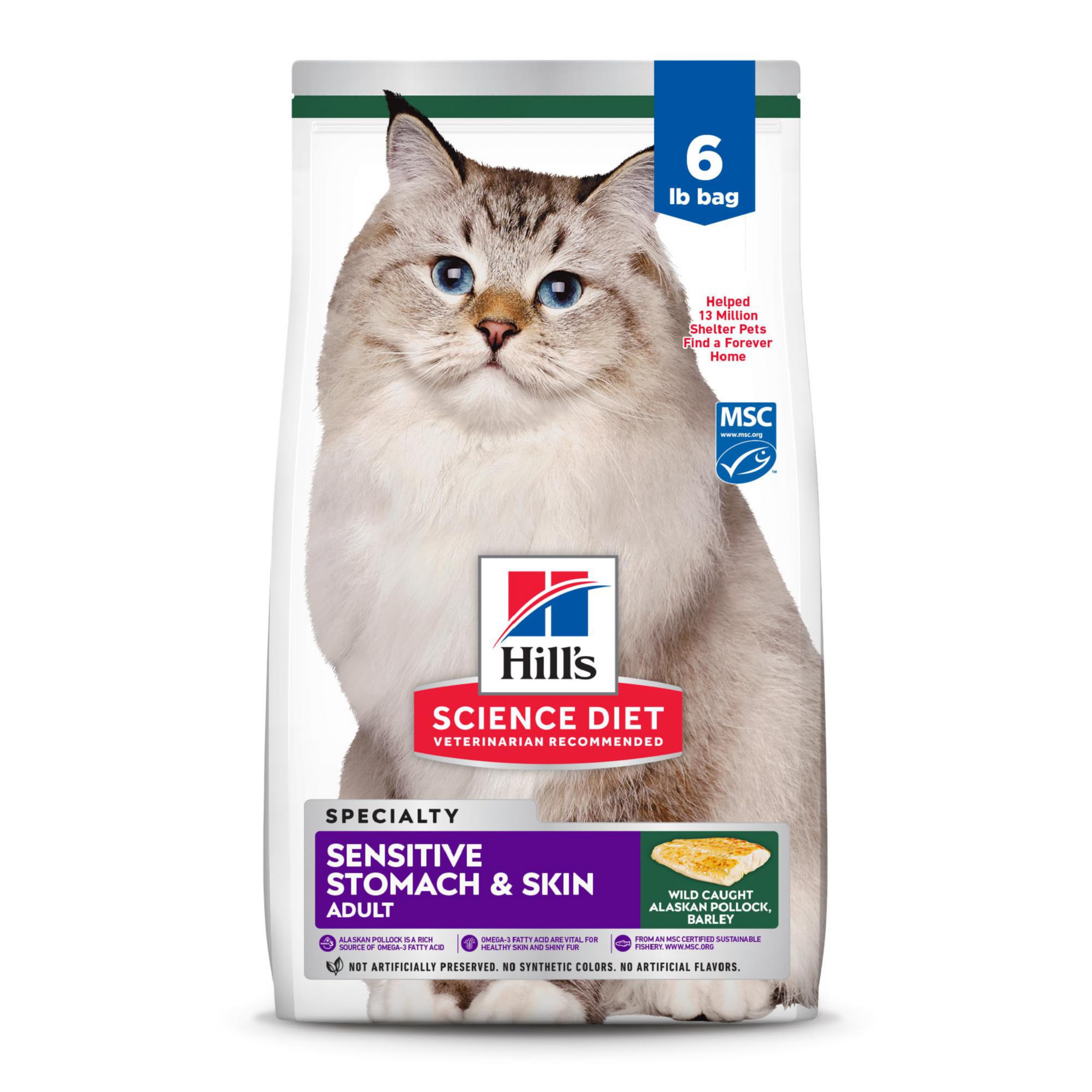 Hills Science Diet Sensitive Stomach & Skin, Adult 1-6, Stomach & Skin Sensitivity Support, Dry Cat Food, Pollock & Barley, 6 l
