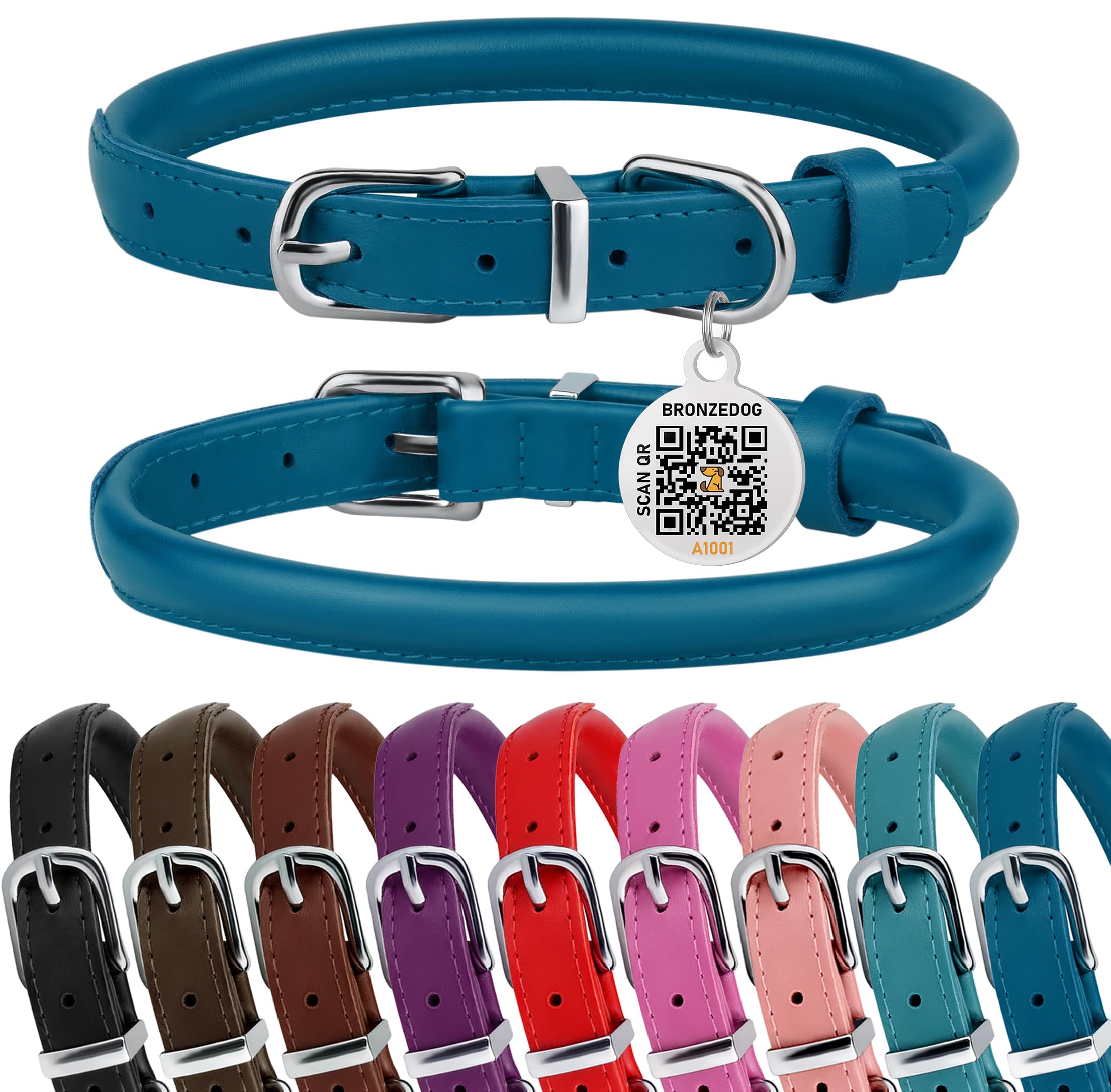 Bronzedog Rolled Leather Dog Collar For Small Medium Large Dogs With Qr Id Tag (L: 16-18 Inch, Ocean Blue)