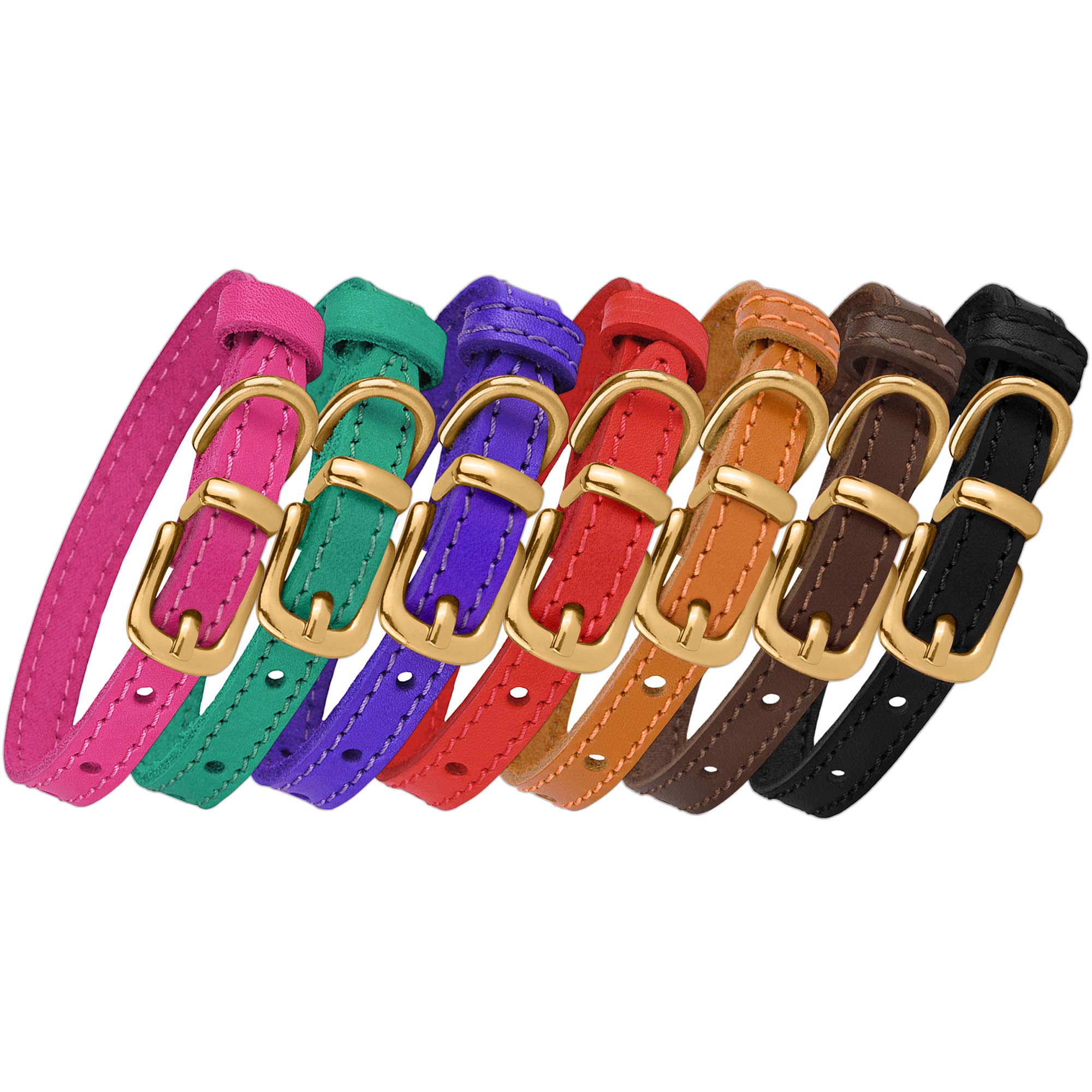 Bronzedog Leather Cat Collar With Bell Non Breakaway Kitten Qr Tag For Girl Boy (9'' - 11'' Cats/Mini Dogs, Green & Gold)