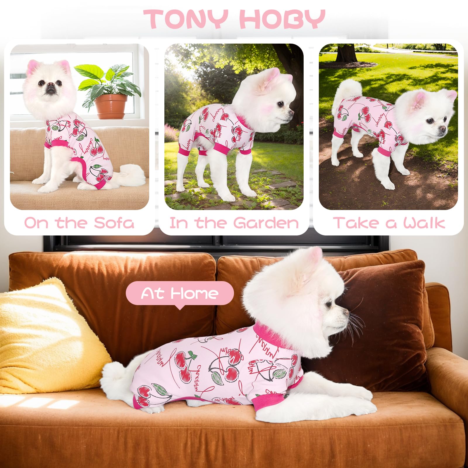 Tony Hoby Dogs Pajamas, 4 Ledgged Dog Shirt Soft Comfortable, Dog Jumpsuit Clothes For Small Medium Dogs (Cherries, Xl)