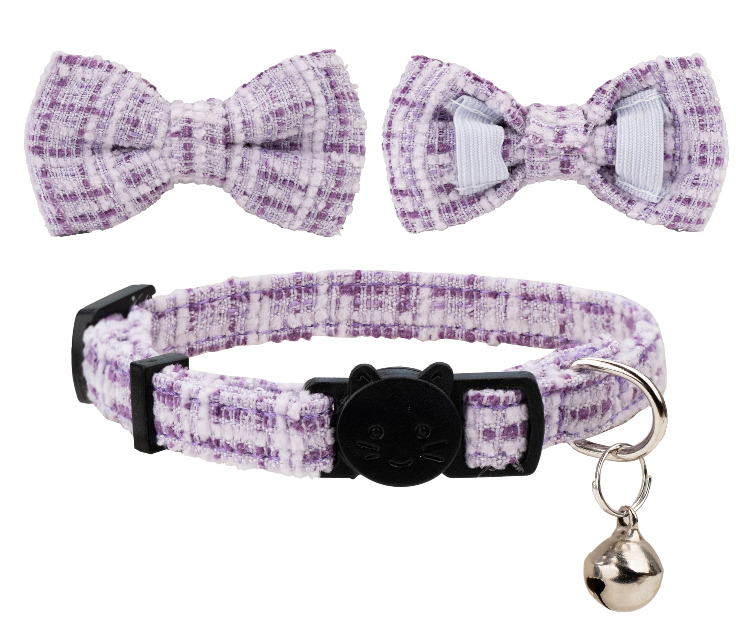 Gyapet Cat Collar Breakaway With Bell Boy Girl Kitten Bow Tie Safety Plaid Solid Color Set Cute Soft Summer B-[2Pcs] Purple