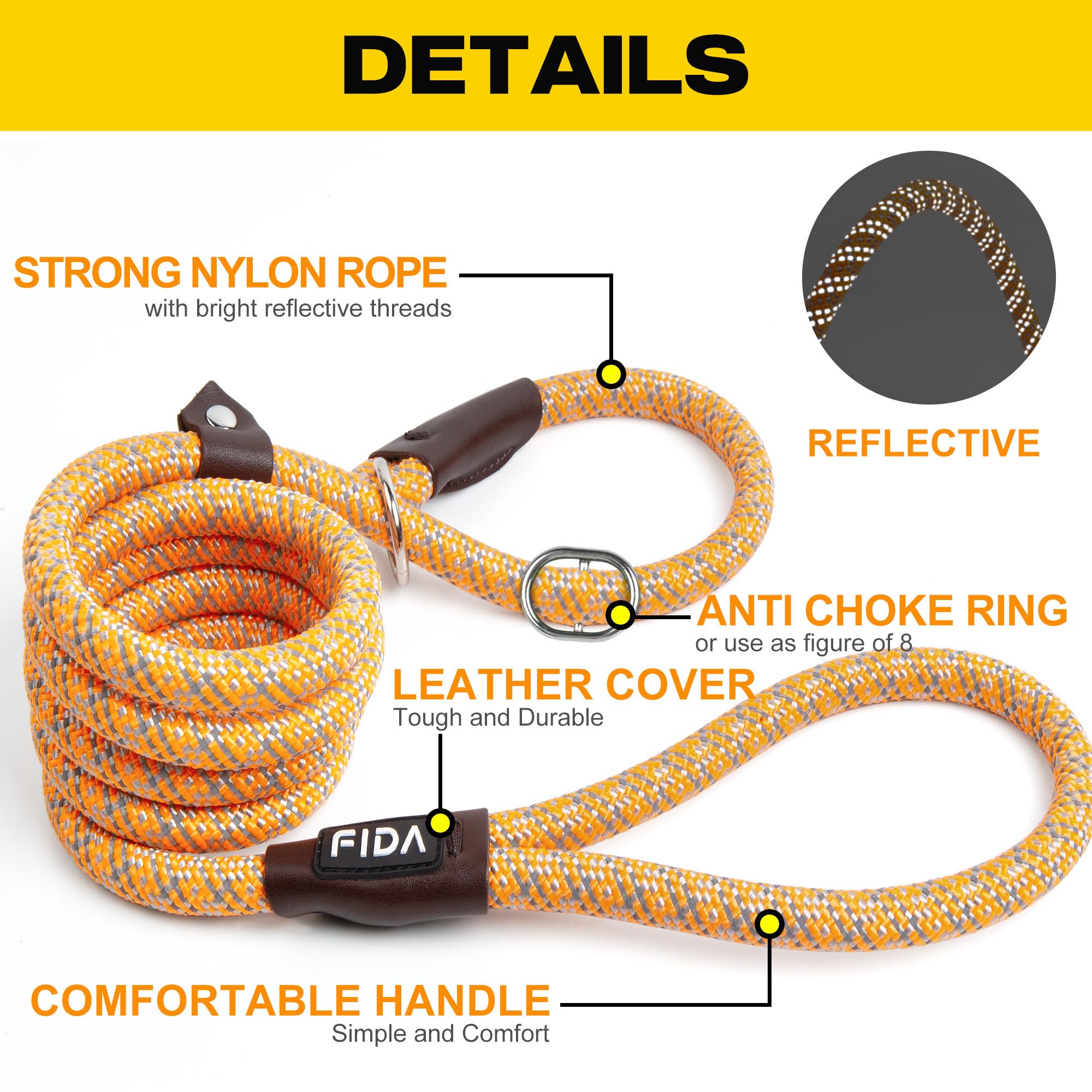 Fida Durable Slip Loop Lead For Large, Medium Dogs, 6 Ft X 1/2' Heavy Duty, Comfortable Strong Rope, No Pull Pet Training Leash With Highly Reflective, Orange