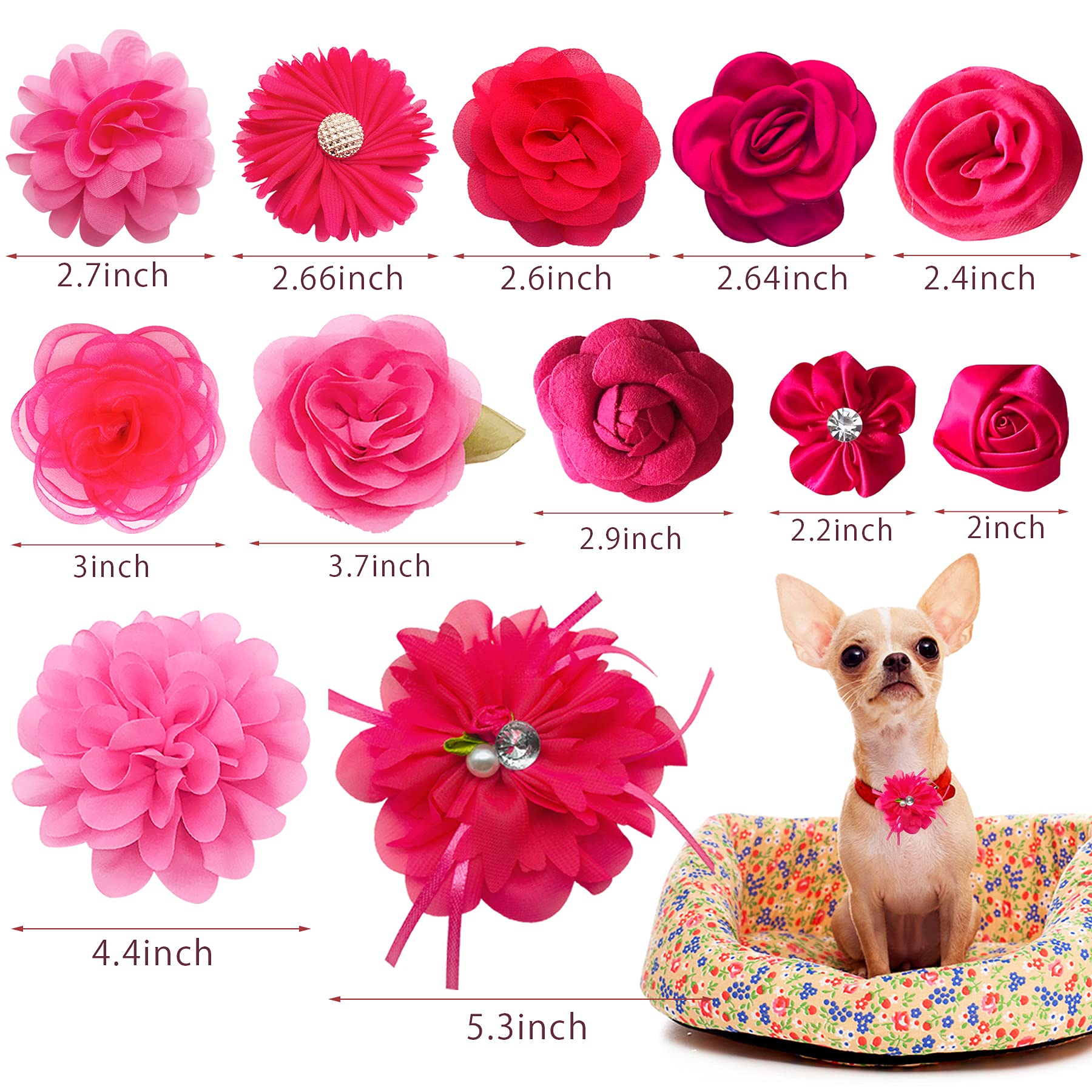 Pet Show 12Pcs Rose Pink Dog Collar Bows And Flowers Attachment For Girls Puppies Cats Female Small Medium Dogs Collars Embellishment Decor For Wedding Birthday Parties Grooming Pet Collar Accessories