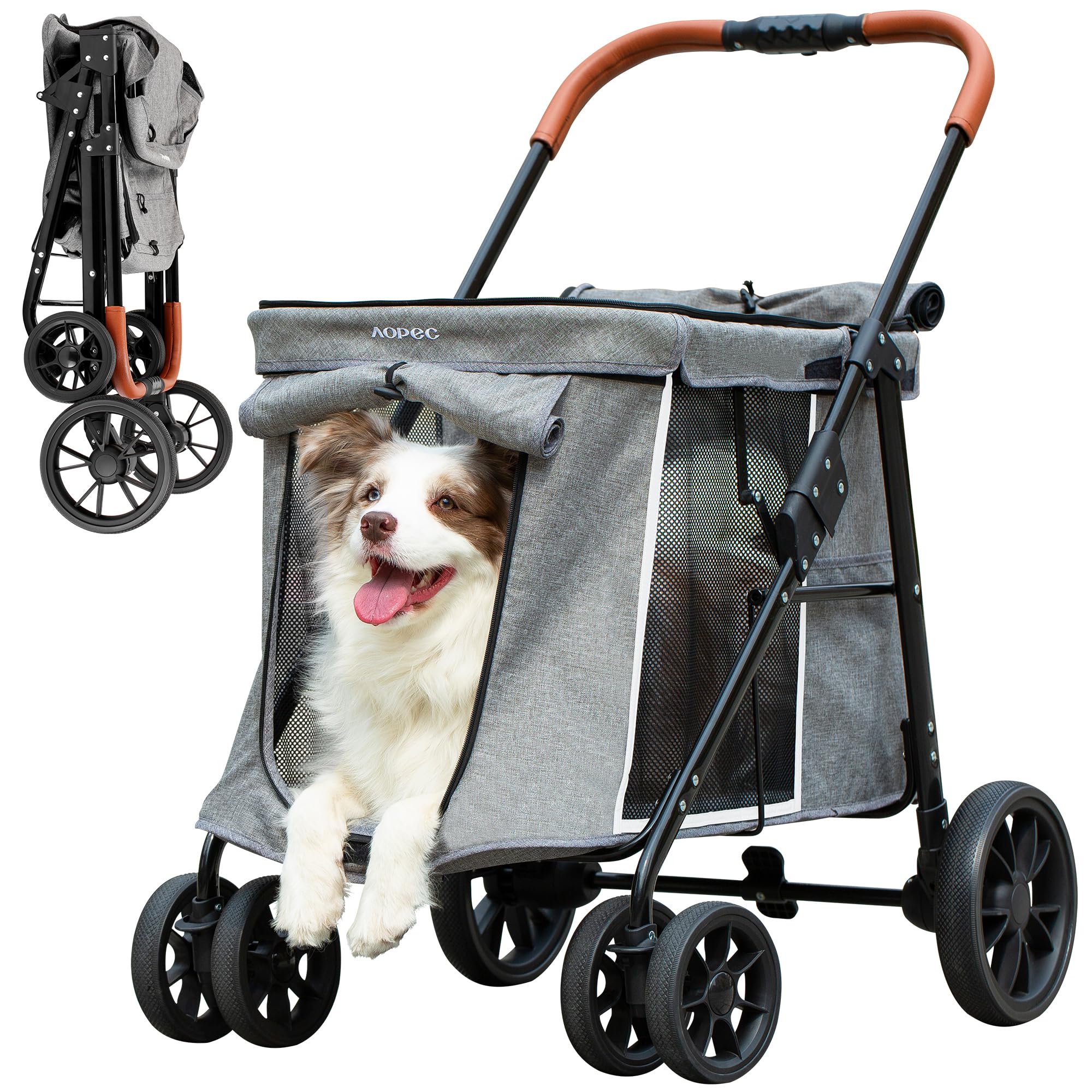 AOPEC Medium Dog Stroller, Dual Entry One-Touch Folding,Small and Medium Pet Stroller,360 Rotating Front Wheels,70 lbs Weight Ca