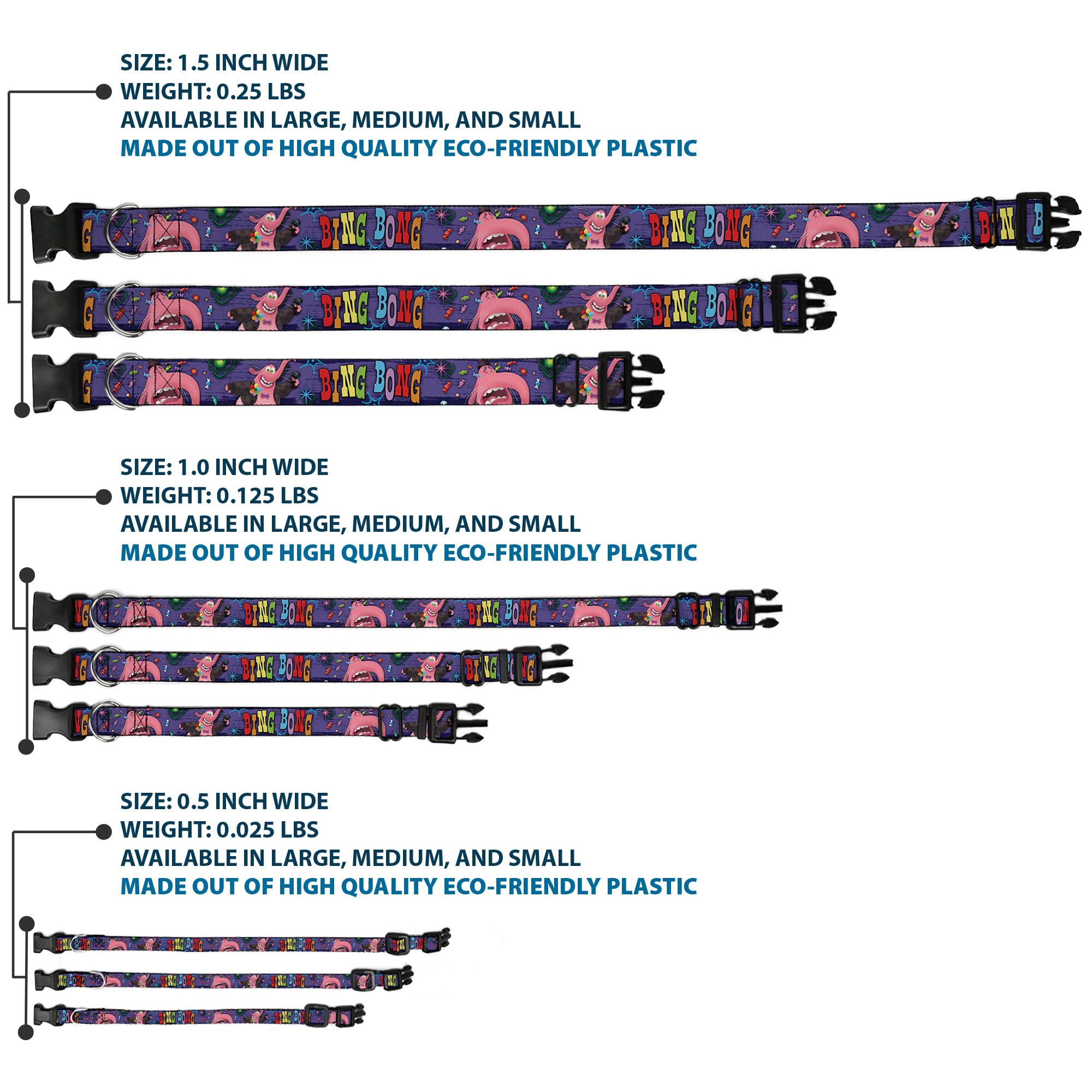 Buckle-Down Plastic Clip Collar - BING BONG Poses/Candy Purples/Multi Color - 1.5 Wide - Fits 13-18 Neck - Small