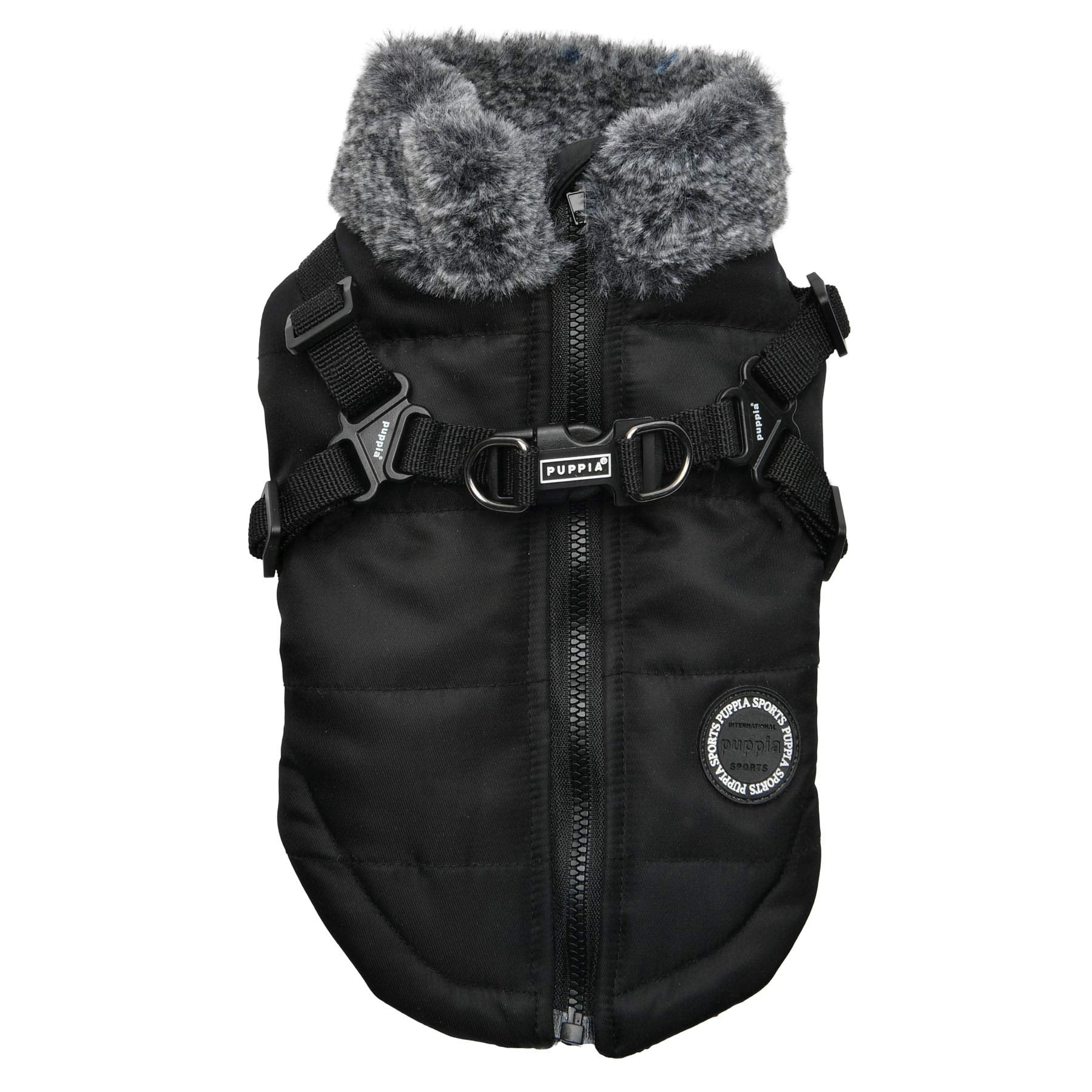 Puppia Donavan Winter Dog Coat With Integrated Harness No Pull Cold Weather Waterproof Warm Fleece Back Zipper For Small & Medium Dog, Black, X-Large
