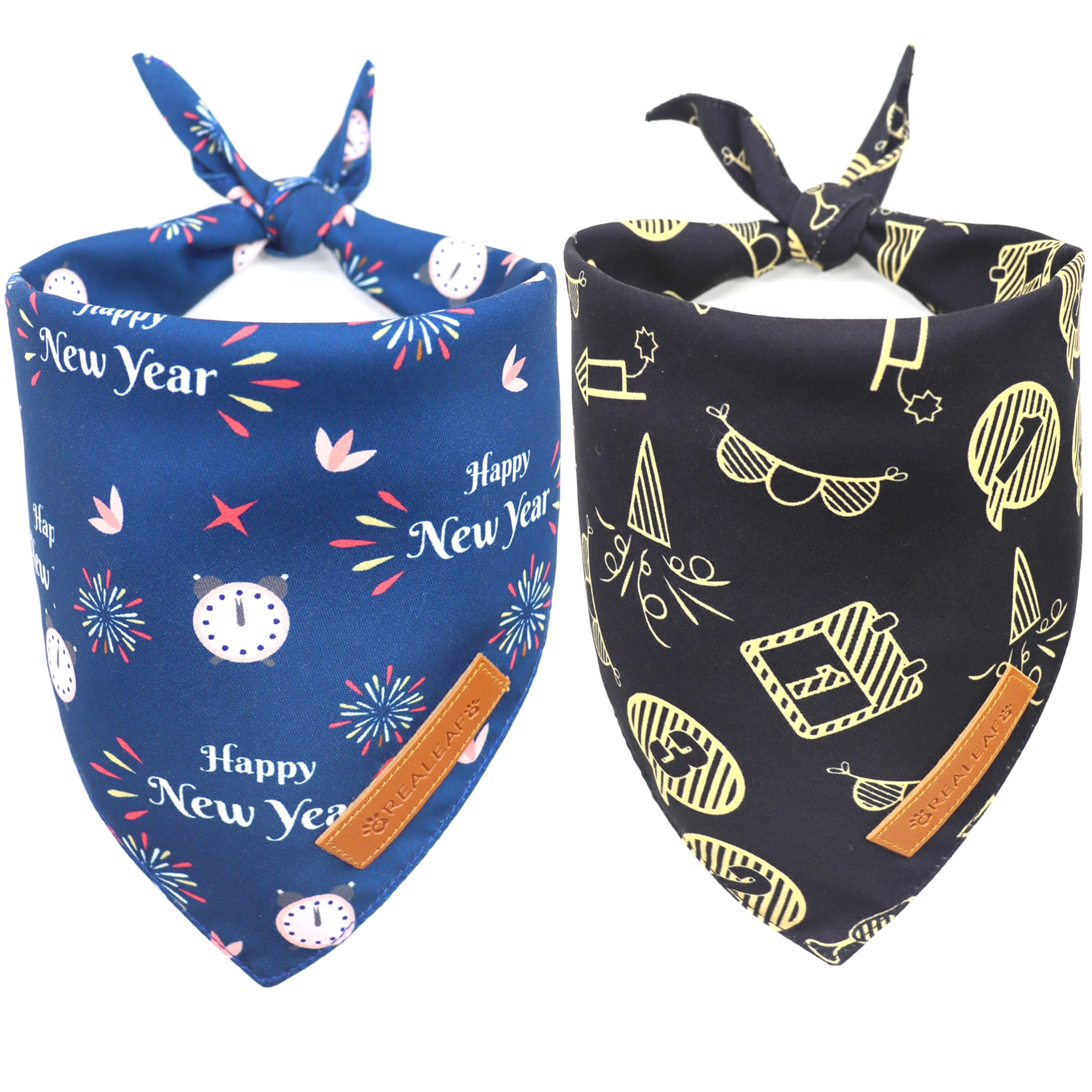 Realeaf Happy New Year Dog Bandanas 2 Pack, Reversible Holiday Pet Scarf For Boy And Girl, Premium Durable Fabric, Bandana For Small Medium Large And Extra Large Dogs (X-Large)