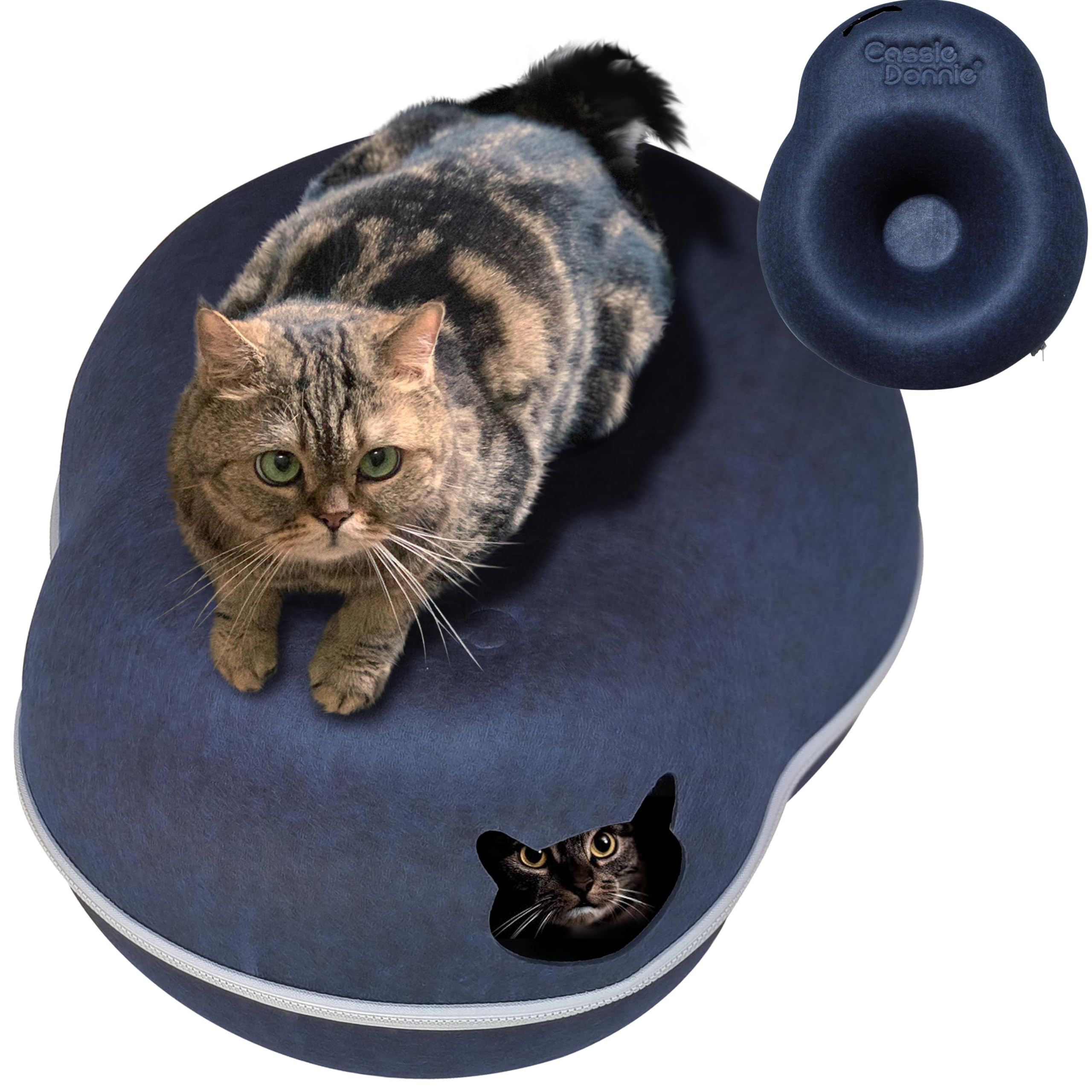Cat Tunnel Bed For Indoor Cats, Medium Large, Donut Cave House Up To 22 Lbs, Spacious For 2 Kittens (Dark Blue)