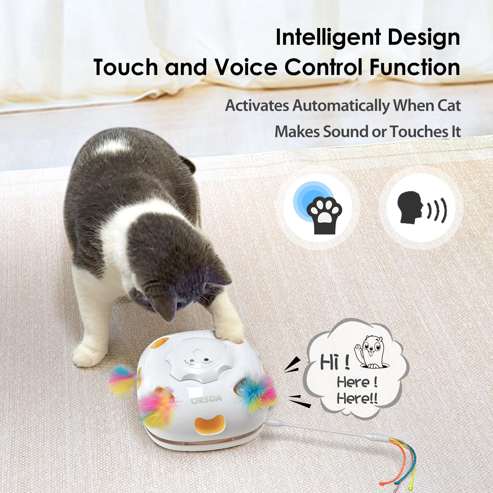 Orsda Interactive Cat Toys For Indoor Cats, 4 In 1 Automatic Kitten Toys, Rechargeable Electric Moving Ambush Feather, Hide And