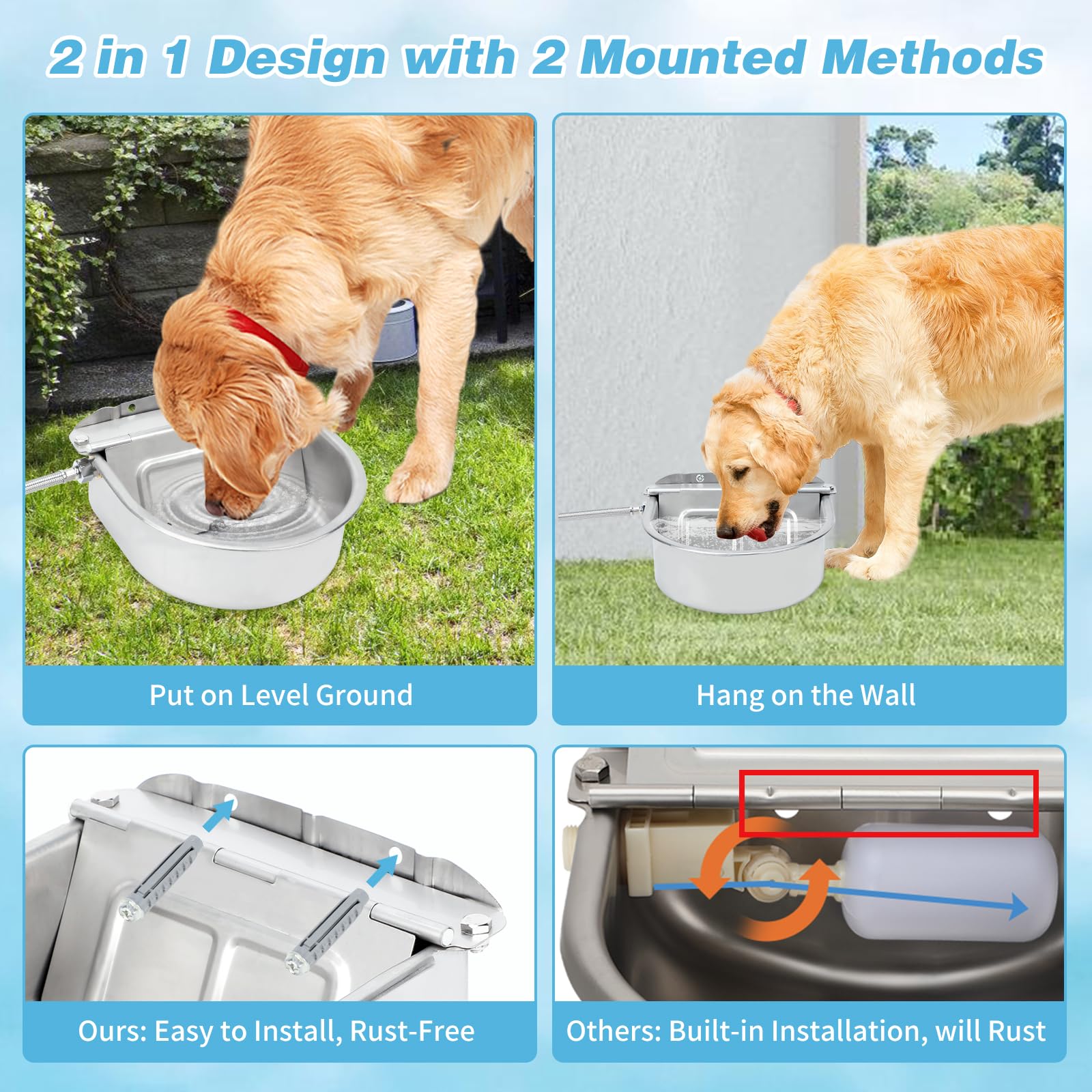 FHTONGE 304 Stainless Steel Automatic Dog Water Bowl Dispenser with Drainage and Float Valves, Large Auto Fill Dog Waterer for O