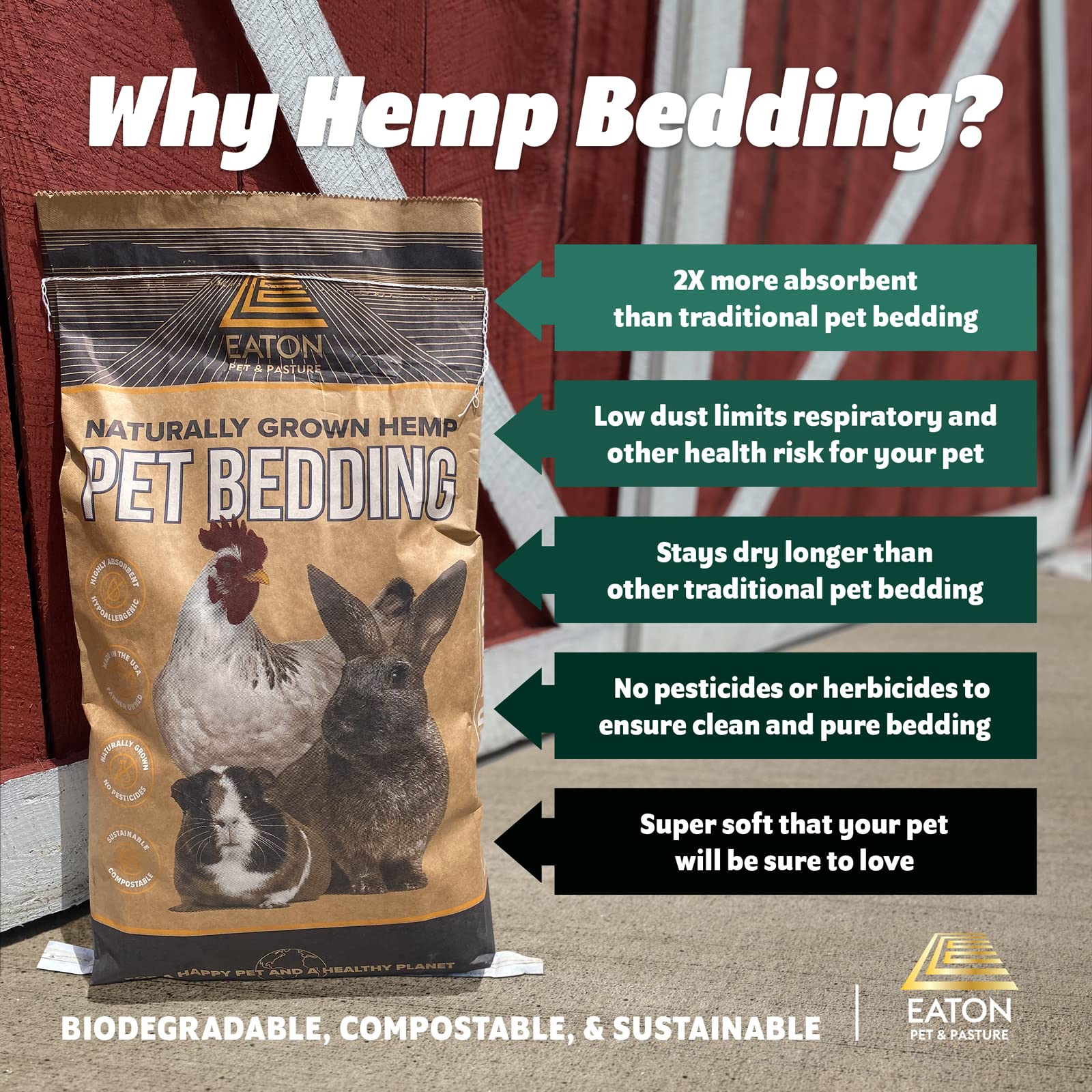 Eaton Pet And Pasture, Naturally Grown Hemp Pet Bedding For Chickens, Nesting Boxes, Rabbits, Hamsters, Small Pets, Highly Absorbent, Hypoallergenic, Eco-Friendly, Farmer Owned 28L