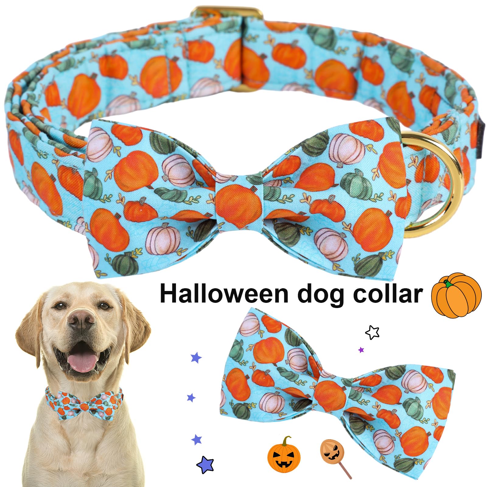 Aring Pet Halloween Dog Collar Cotton Pumpkin Dog Collar With Bow, Adjustable Blue Pumpkin Dog Collars Puppy Collars With Metal Buckle