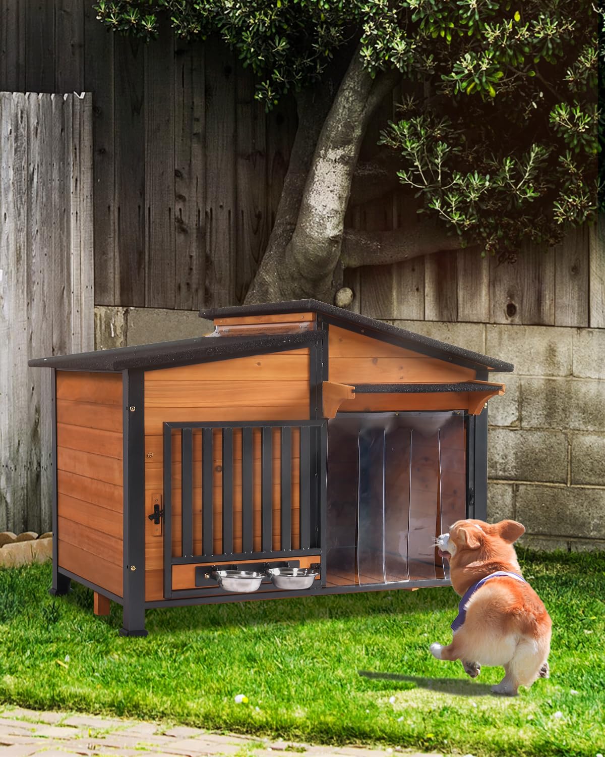 Dog House Outdoor with Bowls Weatherproof Dog Kennel with Anti-Chewing Iron Frame Dog Shelter for Small Medium Dogs