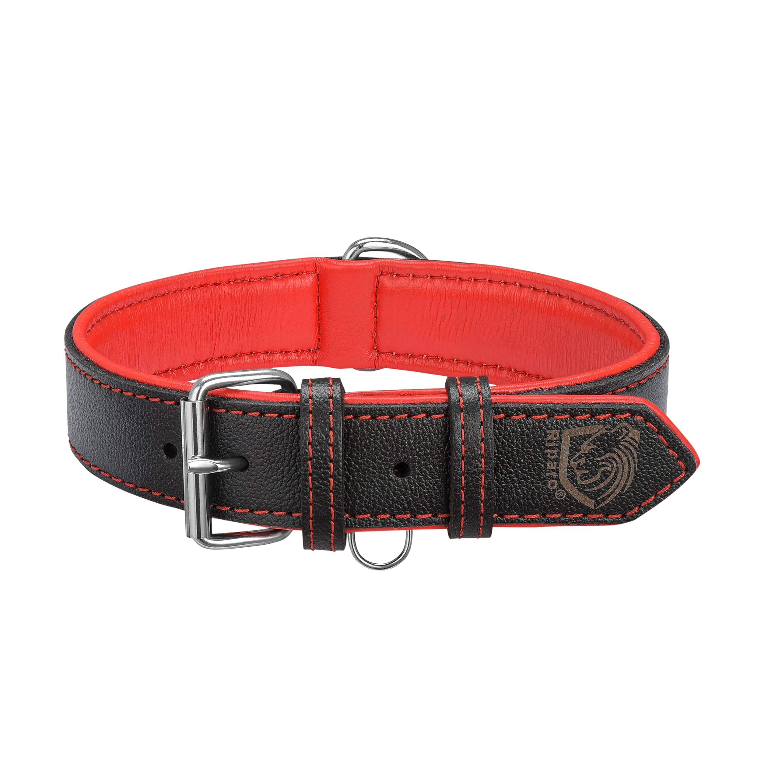 Riparo Genuine Leather Padded Dog Heavy Duty K-9 Adjustable Collar (S: 0.75    Wide For 10   -13.5    Neck, Black/Red Thread)