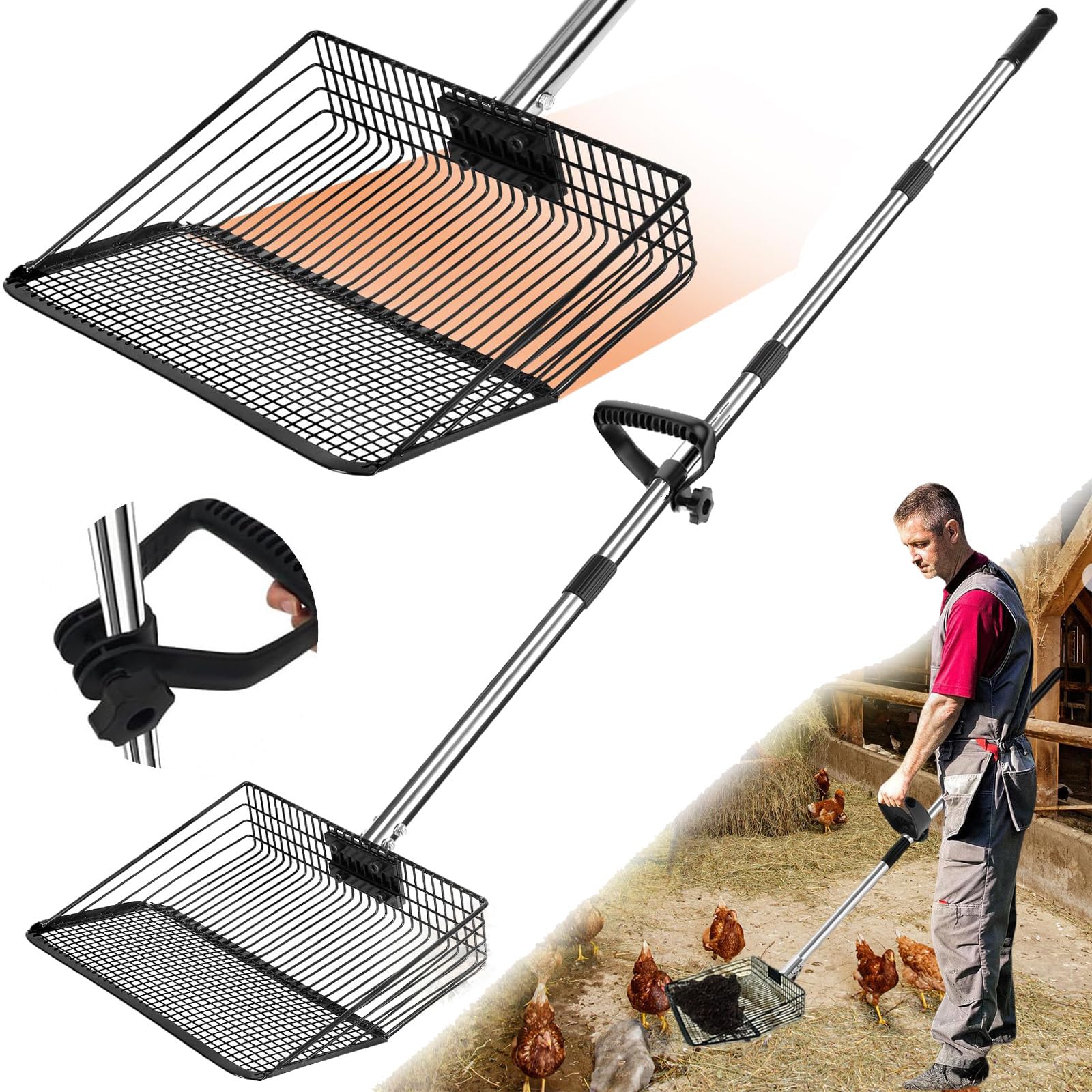12 Metal Chicken Poop Scooper Rake for Sand with 24 to 68 Handle, Adjustable Chicken Coop Scoop for Poop, Wide 10   Poop Shovel 