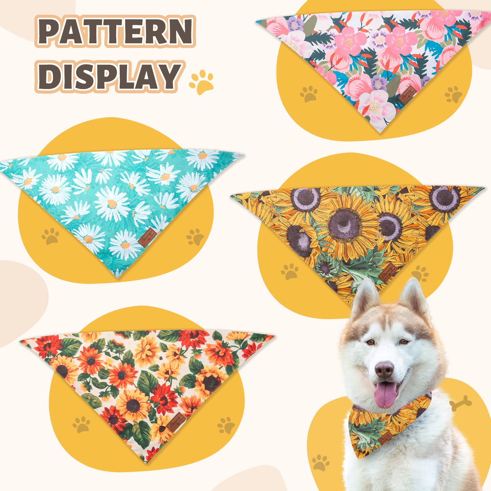 Charcy Bandanas 4 Pack, Fall Bandana For Boy Girl Dog Holiday Birthday, Adjustable Durable Scarf, Unique Design - Sunflower Tria