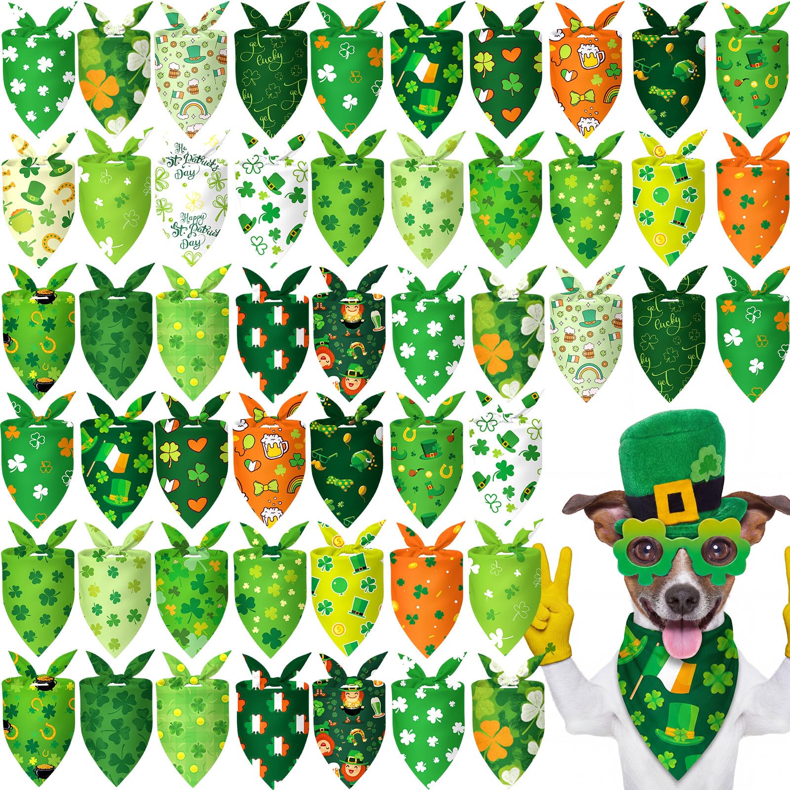 Abbylike 50 Pcs St Patrick's Day Dog Bandanas Bulk Green Shamrocks Bandanas for Dogs Triangle Kerchief Bibs Scarf for Pet Irish 