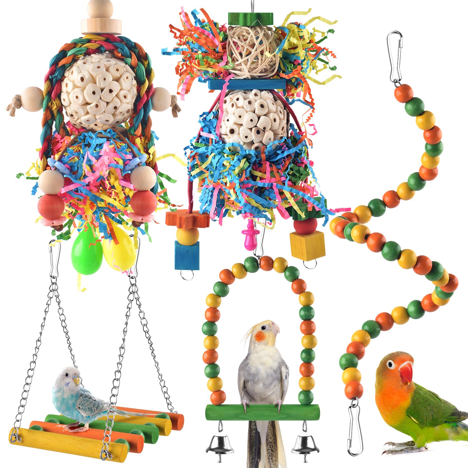 Bissap Conure Toys, 5 Pcs Parrot Foraging Shredder Hanging Toys Sola Balls With Sand Hammer Perch Swing Climbing Ladder For Smal
