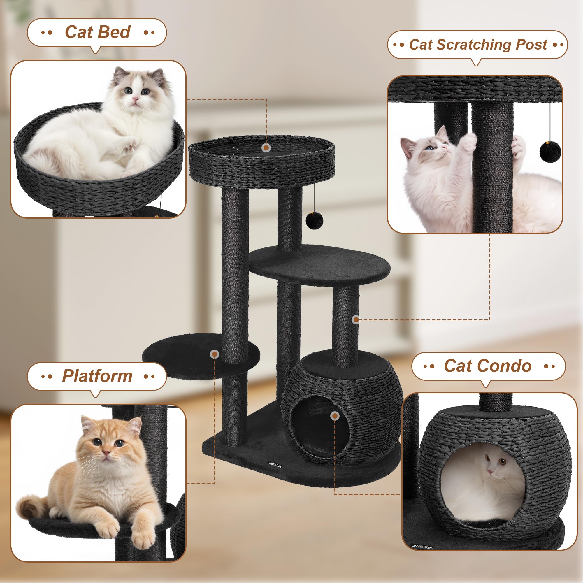 Kamaboko Modern Cat Tree, 38'' Tall Cat Trees For Indoor Cats W/Natural Sisal Scratching Posts, Hand-Woven Condo & Top Perch, Ca