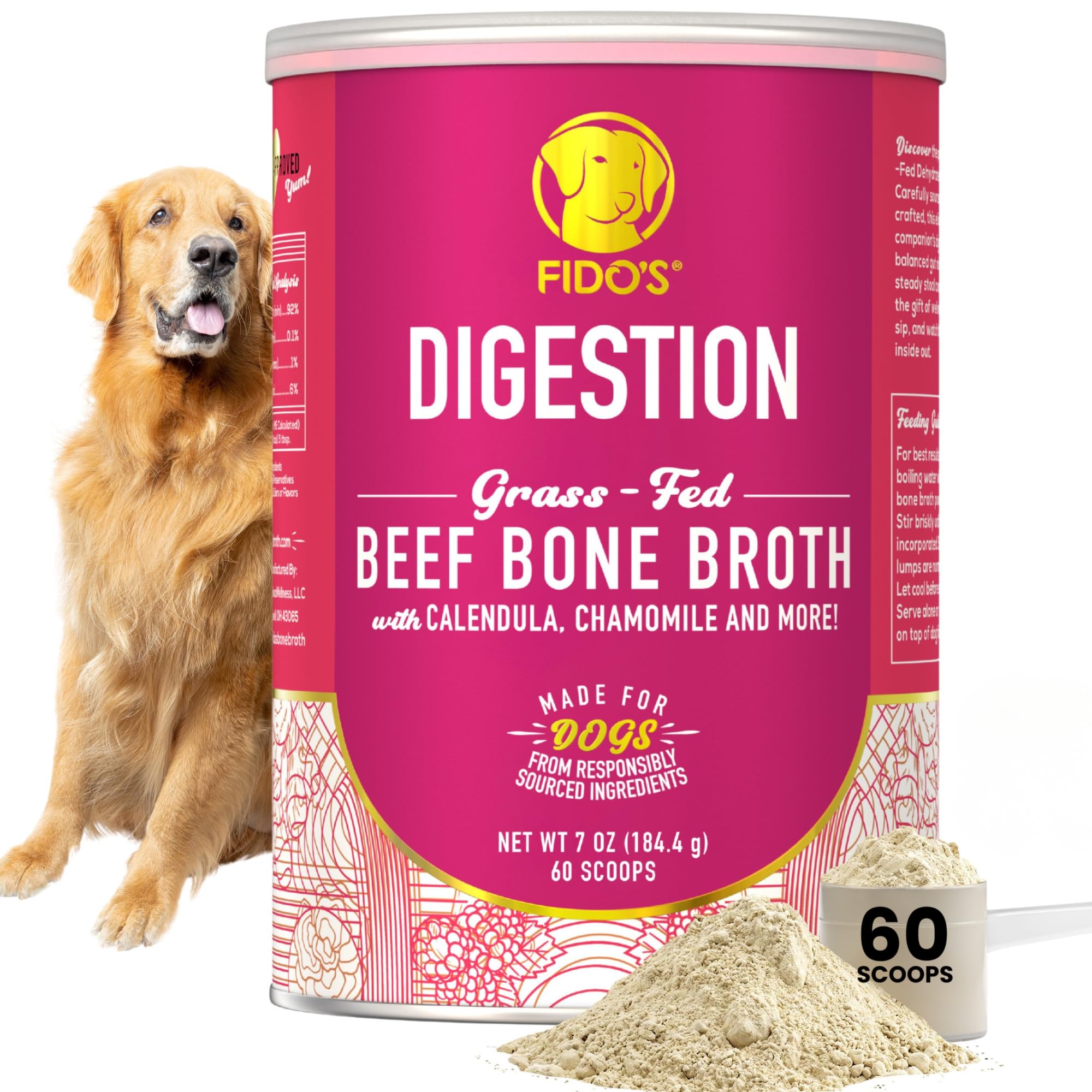 Fidos Digestion Bone Broth for Dogs - Grass-Fed Beef Bone Broth Powder & Organic Herbs - Supports Digestion & Gut Health - Dog