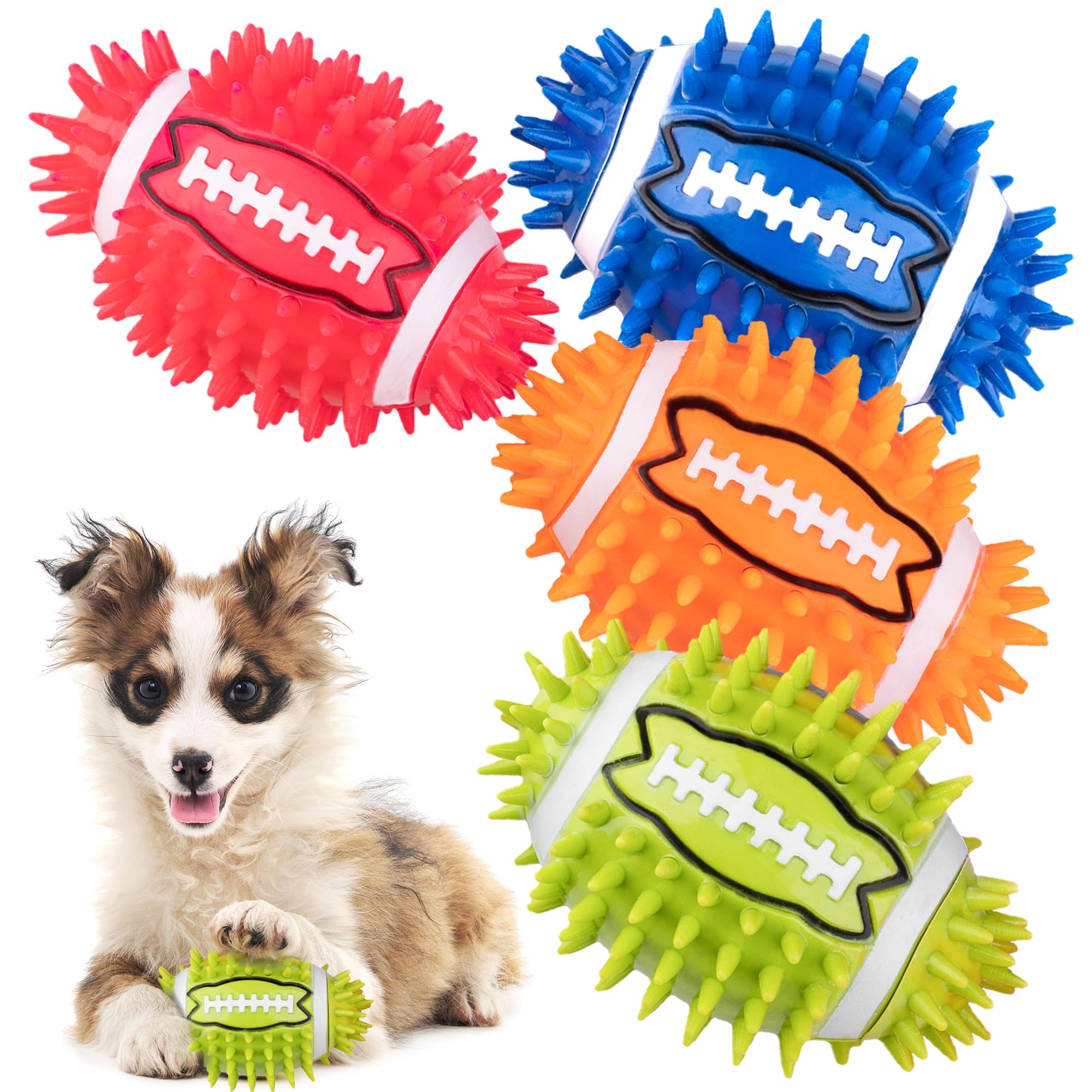 Ghobrofy 4.3    Dog Squeaky Football Toys 4 Pack, Interactive And Durable Spiky Dog Balls For Medium Large Dogs With Rugby Shape