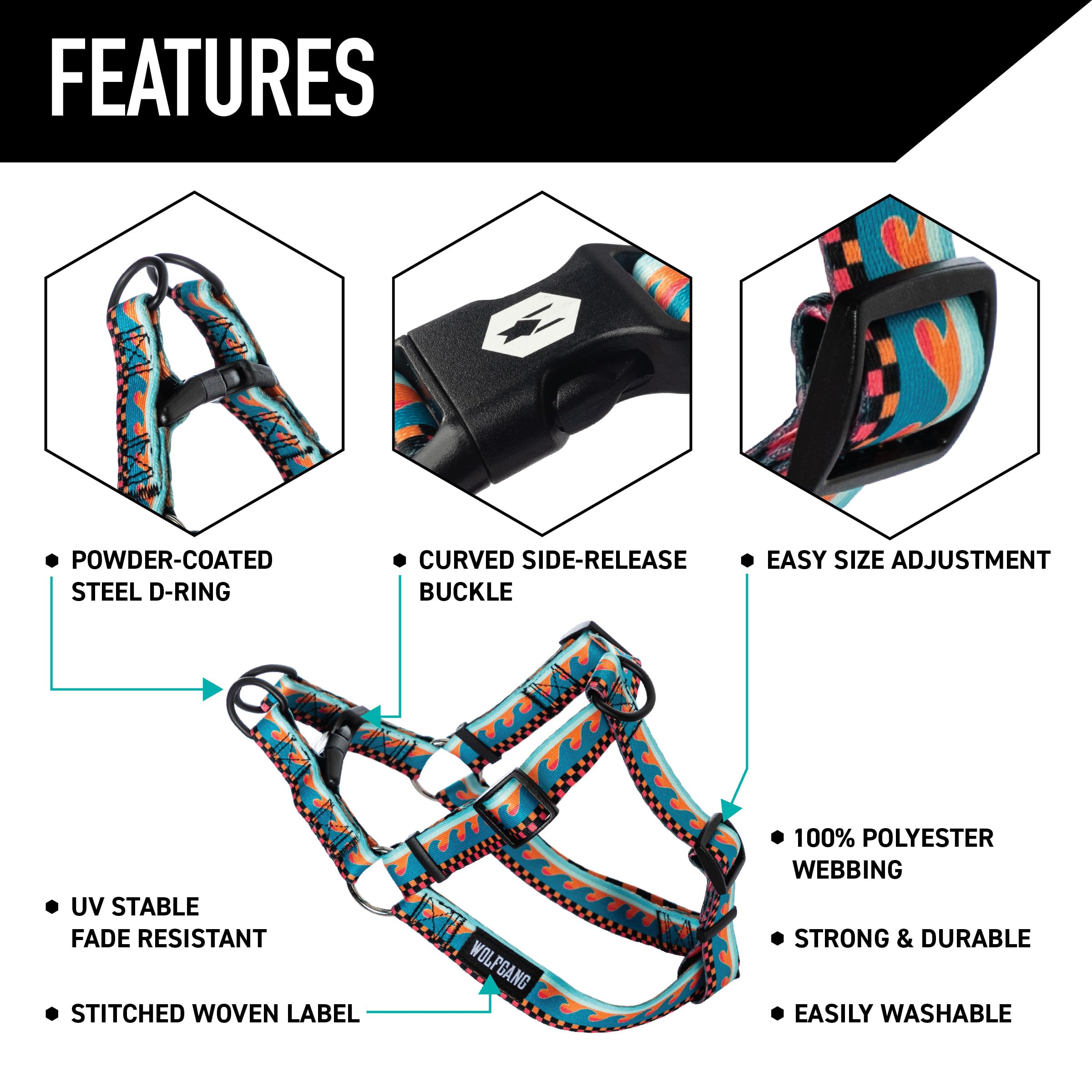 Wolfgang Heavy Duty Adjustable Dog Harness, Pull-Tested for Walking & Training, BuenaOnda Print, Large