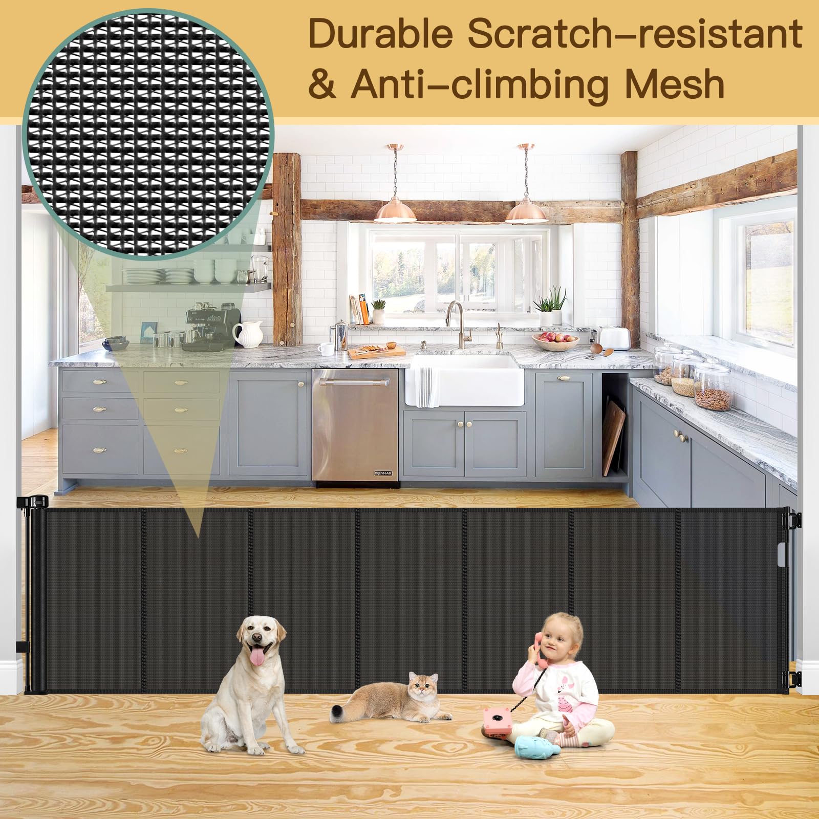 Reinforced 200 Inch Extra Wide Retractable Baby Gates to Prevent Crawling Through, Indoor/Outdoor Baby Gates for Decks, 16 ft Me