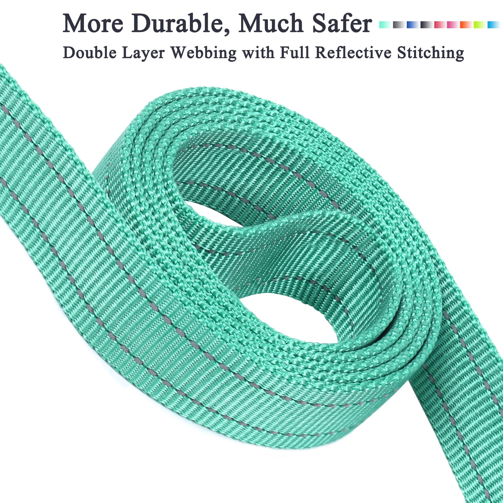 VIVAGLORY Traffic Handle Dog Leash - 4ft, Nylon, Turquoise, 2 Padded Soft Handles, Reflective & Metal Hook, for Dogs 25-120 lbs.