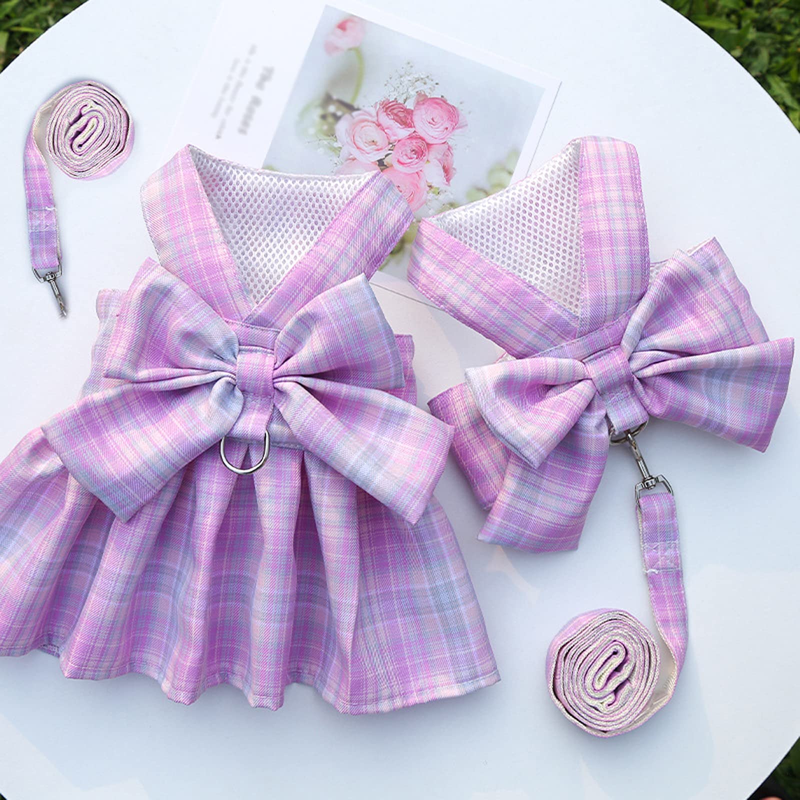 Harness and Leash Set, Cute Bow Tie Plaid Harnesses for Puppy Cat, Adjustable Pet Kitties Vest, Breathable Harness Traction Rope