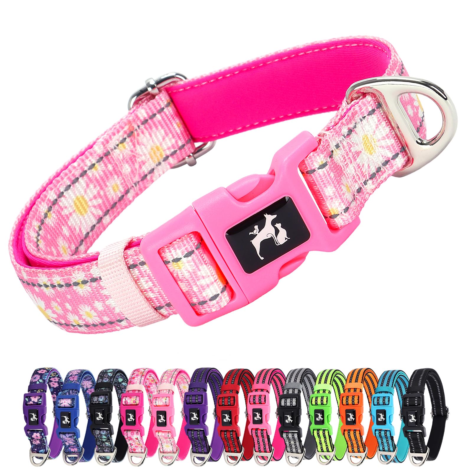 Maowuwujoz Reflective Dog Collar For Large Dogs - Soft Neoprene Padded, Adjustable Nylon Durable With Stylish Pink Daisy Design 