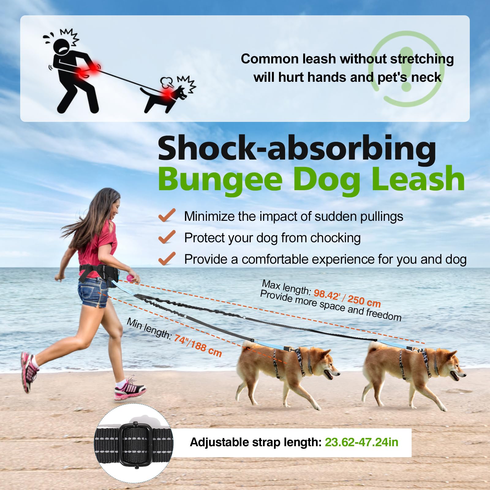 Tivray Hands Free Dog Leash 2 Dogs, Adjustable Waist Leash for Dog Walking with Dual Bungees Padded Handle, Shock Absorbing Hand