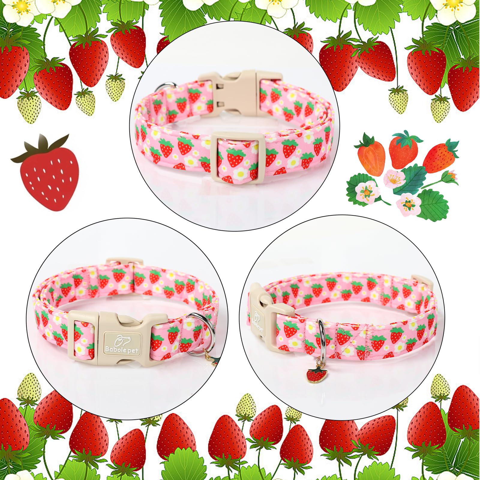 Babole Pet Cute Spring/Summer Dog Collar, Adjustable Pink Strawberry Dog Collars For Medium Dogs, Lightweight Quick-Release Buck