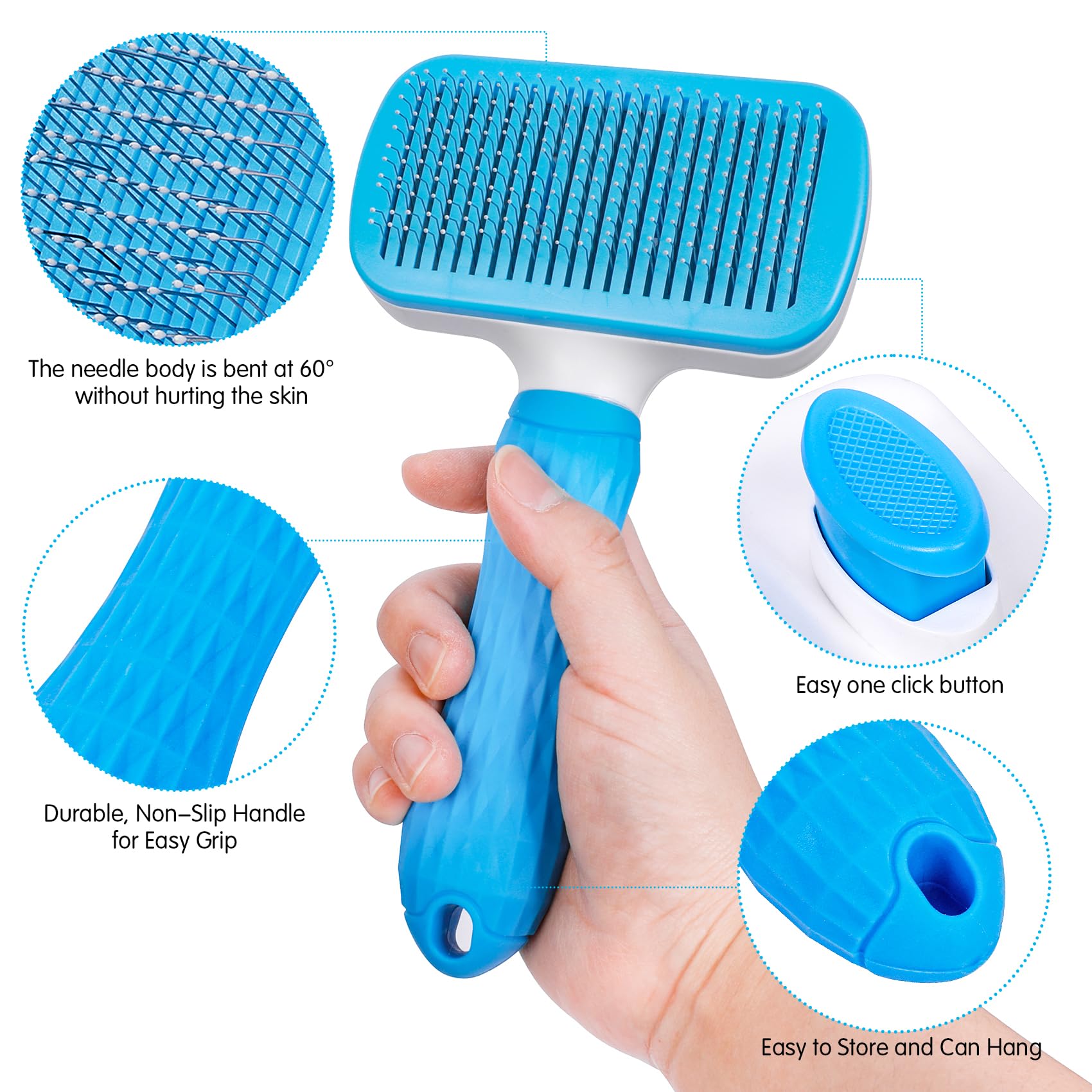 PWOD Self Cleaning Slicker Brush for Dogs & Cats, Blue, 1 Regular, Plastic, Removes Shedding & Loose Undercoat