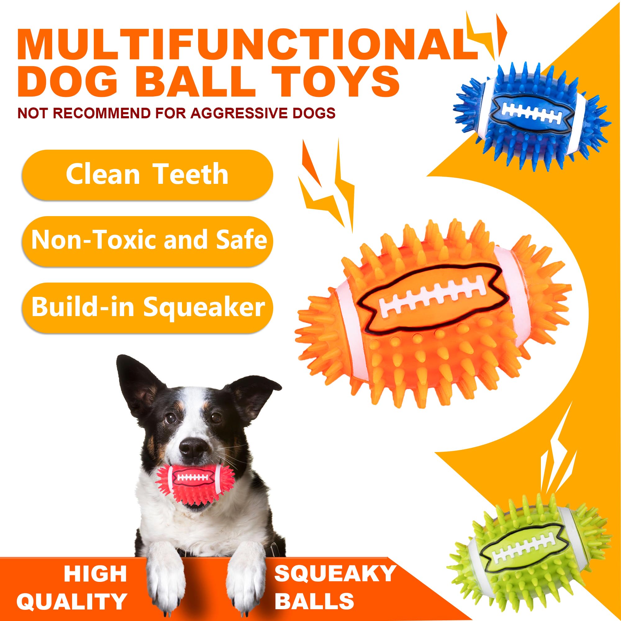 Ghobrofy 4.3    Dog Squeaky Football Toys 4 Pack, Interactive And Durable Spiky Dog Balls For Medium Large Dogs With Rugby Shape