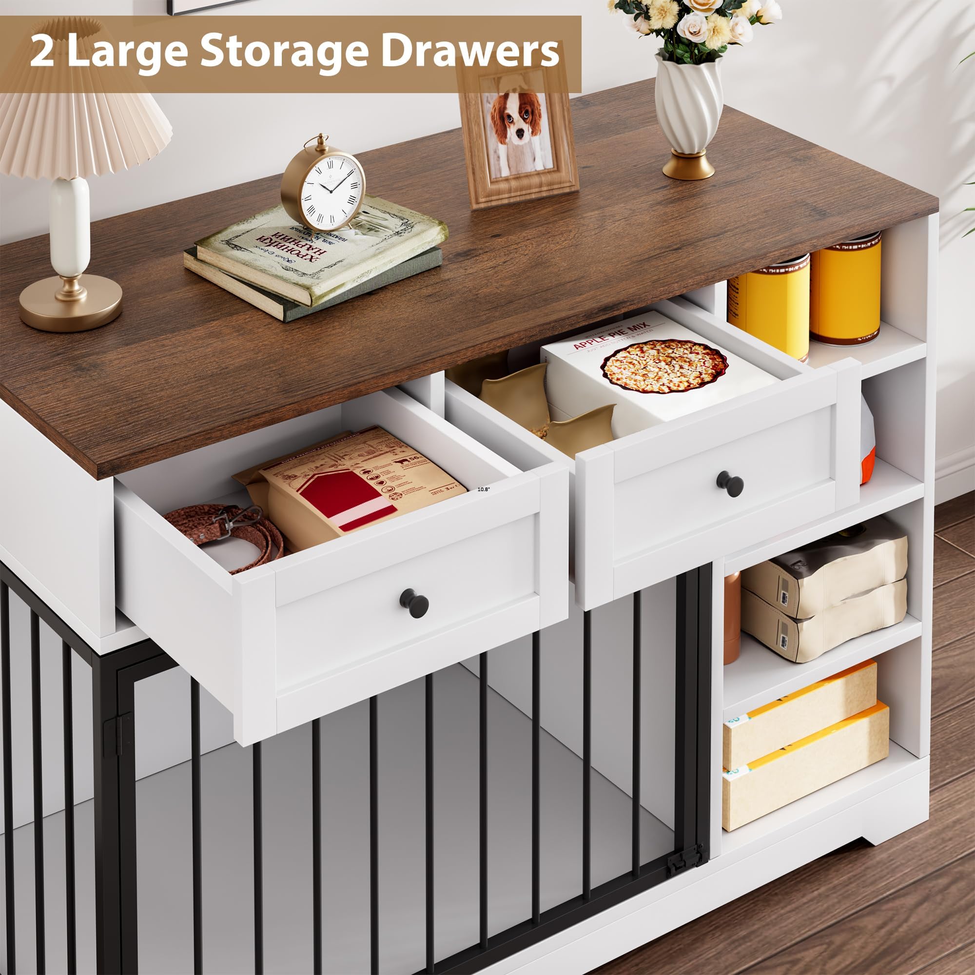 Garvee 47 in Dog Crate Furniture with 2 Storage Drawers, 4 Deep Shelves, Farmhouse Extra Large Wooden Dogs Cage End Table, Multi