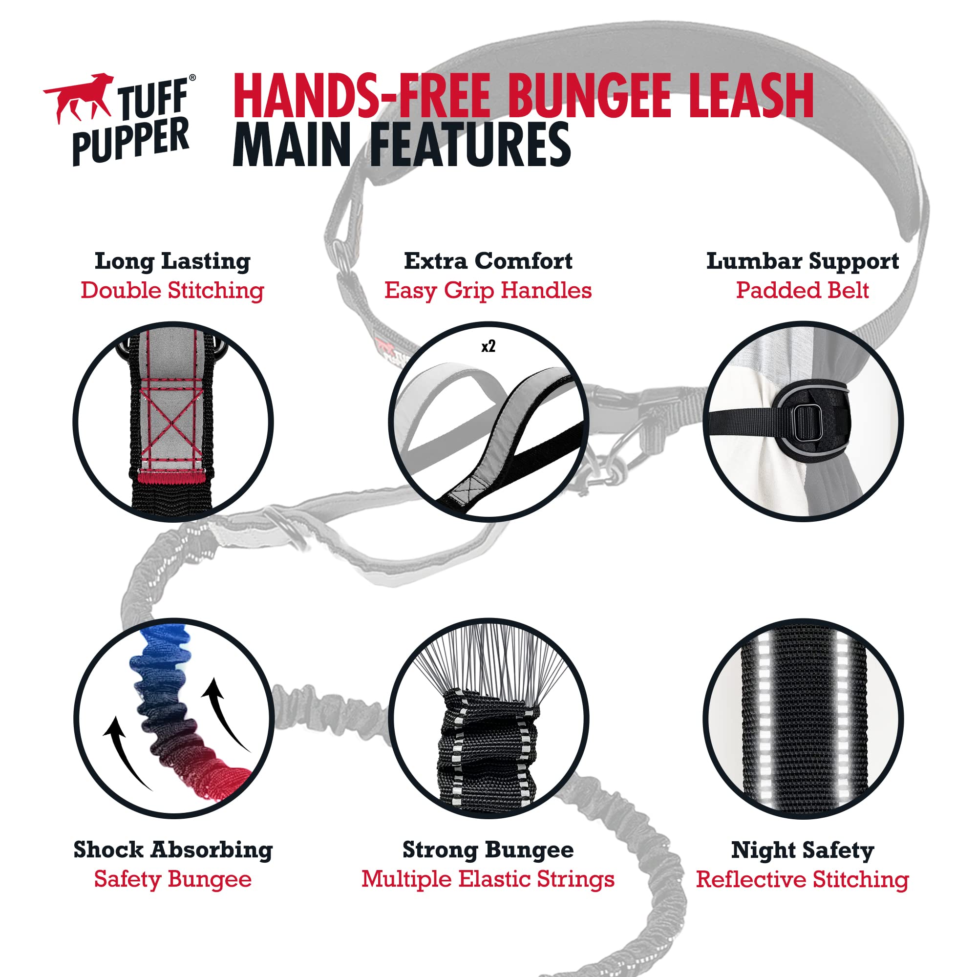 Tuff Pupper Heavy Duty Hands Free Dog Leash | Two Small/Medium Dogs Up To 90 Lbs | Comfortable Shock Absorbing Bungee | Reflecti