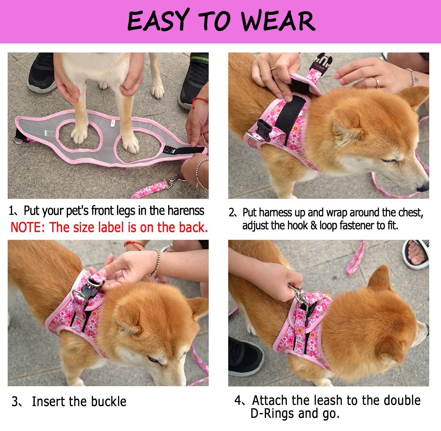 Moonpet Step In Air Dog Harness Leash Set- All Weather Reflective No-Pull?loral Pattern Padded Mesh Vest Harness For Cats Puppy Extra-Small Small Medium Large Dogs - Purple Flower - L