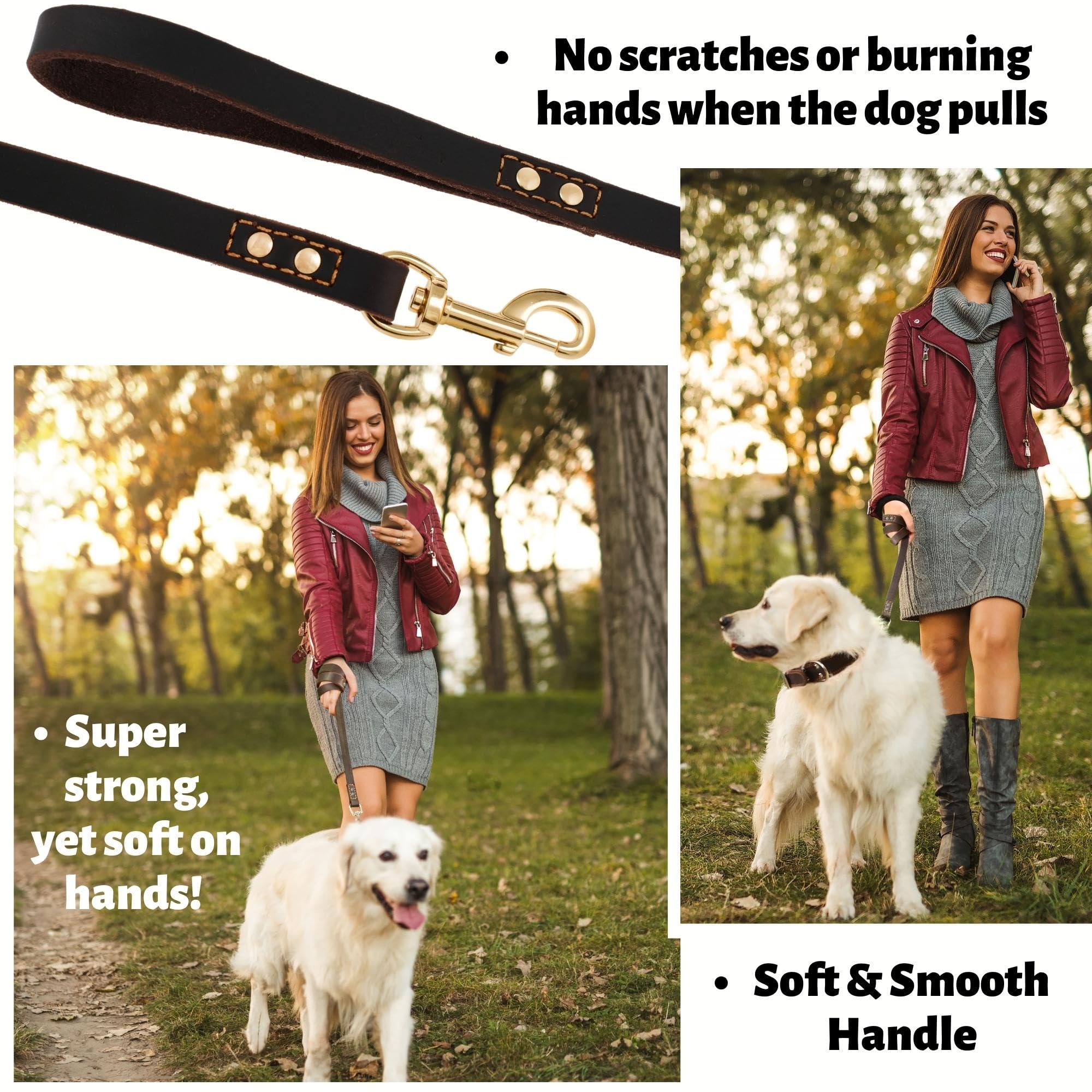 Leather Dog Leash 6 Ft X 3/4 Inch - Soft, Strong, Heavy Duty For Large & Medium Breeds - Dog Lead For Walking (Brown - Gold Colo