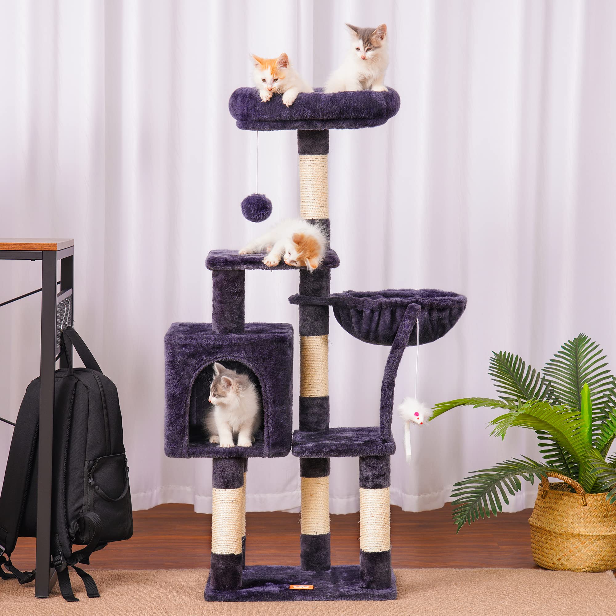 Heybly Cat Tree With Toy, Cat Tower Condo For Indoor Cats, Cat House With Padded Plush Perch, Cozy Hammock And Sisal Scratching Posts, Smoky Gray Hct004Sg