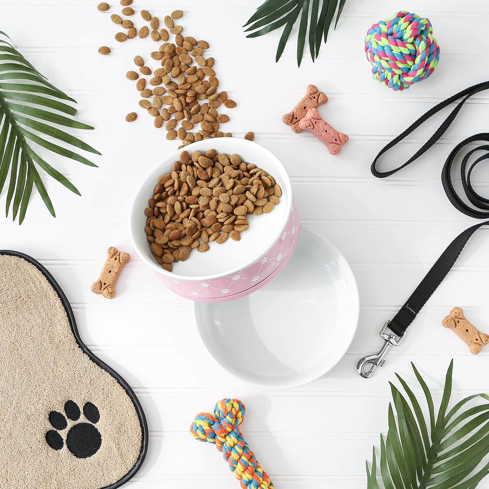 Bone Dry Trellis Paw Print Pet Bowl Set Microwave & Dishwasher Safe, Non-Slip Silicone Bottom for Less Mess, Large 7.5x2.4, Bubb