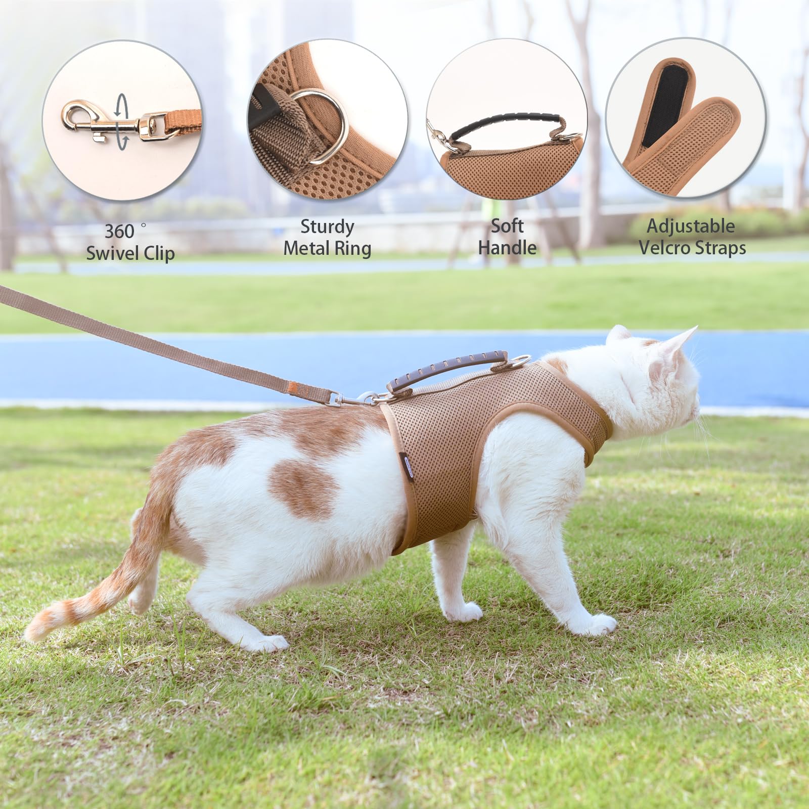 Cat Harness And Leash For Walking Escape Proof Breathable Mesh Fabric, Solid Brown, Large, Adjustable Cat Walking Jackets With H