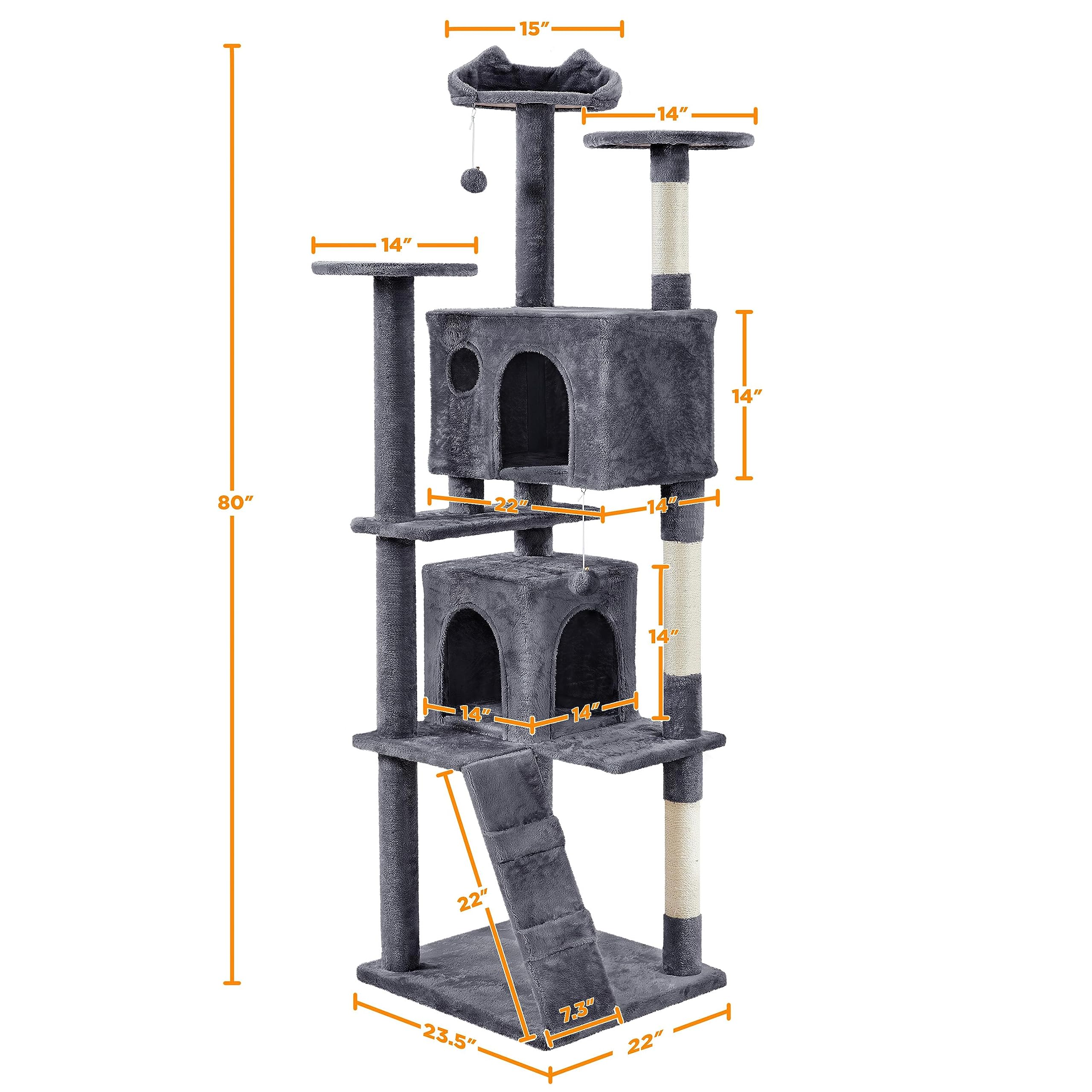 Yaheetech Xl Cat Tree, 80In Multi-Level Tower With Scratching Posts, Double Caves, Perched Platforms And Dangling Balls, Stand H