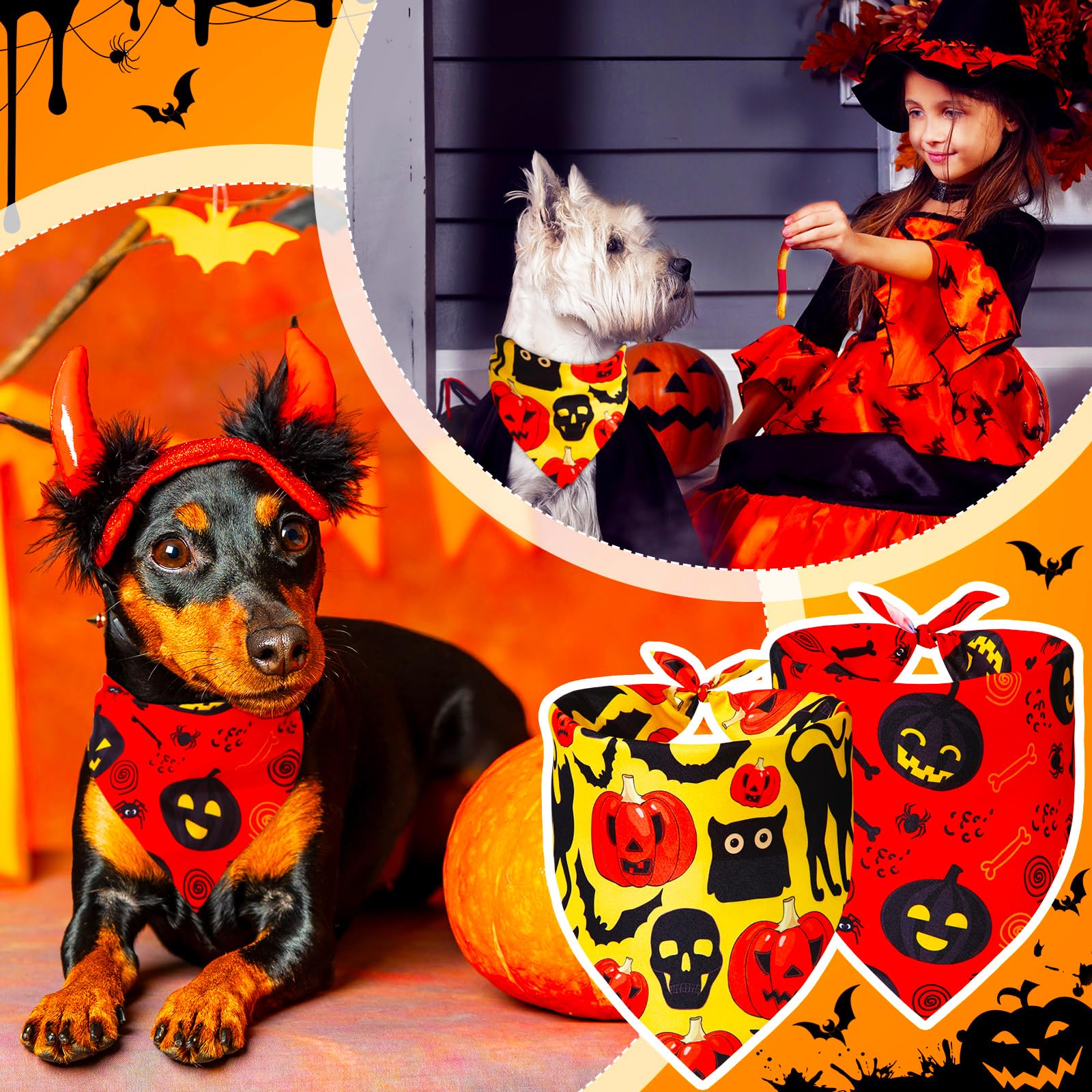 Locmeo 100 Pcs Halloween Dog Bandanas Bulk Pumpkin Black Cat Skull Dog Bandanas Adjustable Pet Bibs Triangle Scarf Halloween Hol