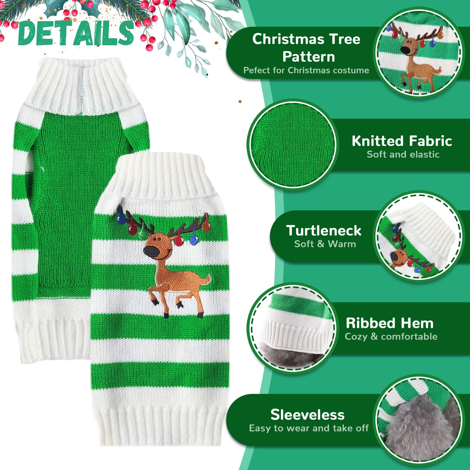 Doggyzstyle Christmas Dog Sweaters Xmas Pet Outfits Striped Elk Costume Holiday Clothes Gifts Puppy Cat Knitted Jumpers (Xl,Gree