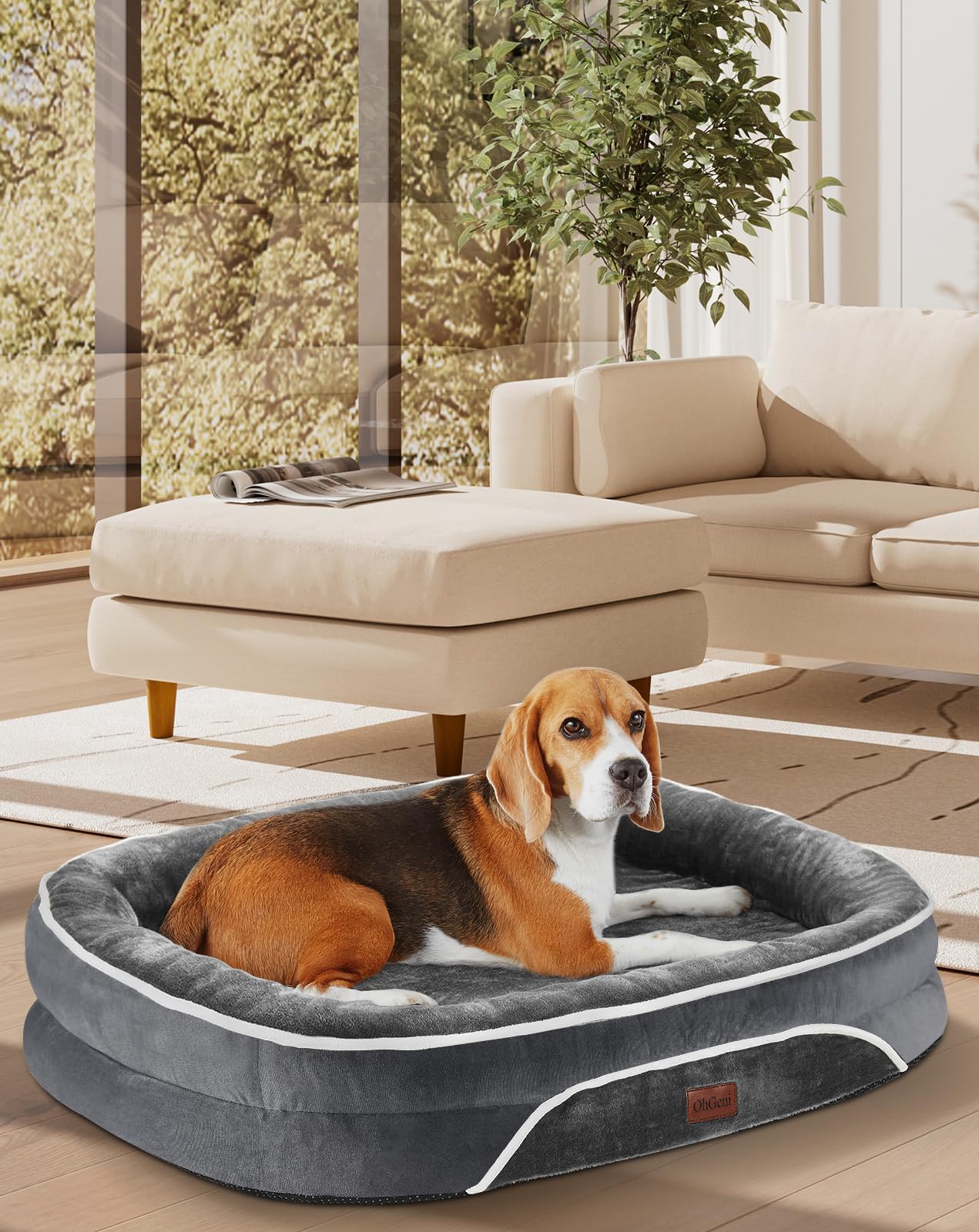 Ohgeni Orthopedic Dog Bed Couch For Large Sized Pets With Egg Foam Support, Four-Sided Bolster Cushions, Soft Tear-Resistant Fabric, And Removable Machine Washable Plush Cover 35-Inch (Gray)